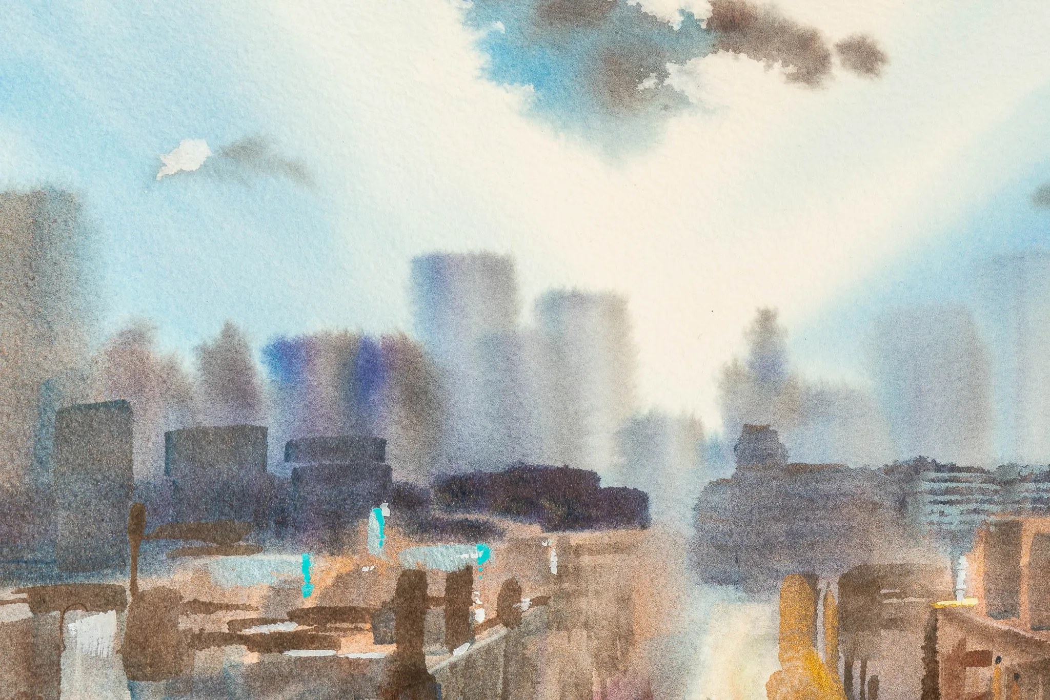 Close-up of High Line Horizons, an original mixed media painting by Paul Kenton, showing soft, watery blue and grey towers in morning haze and warm brown rooftops in the foreground.