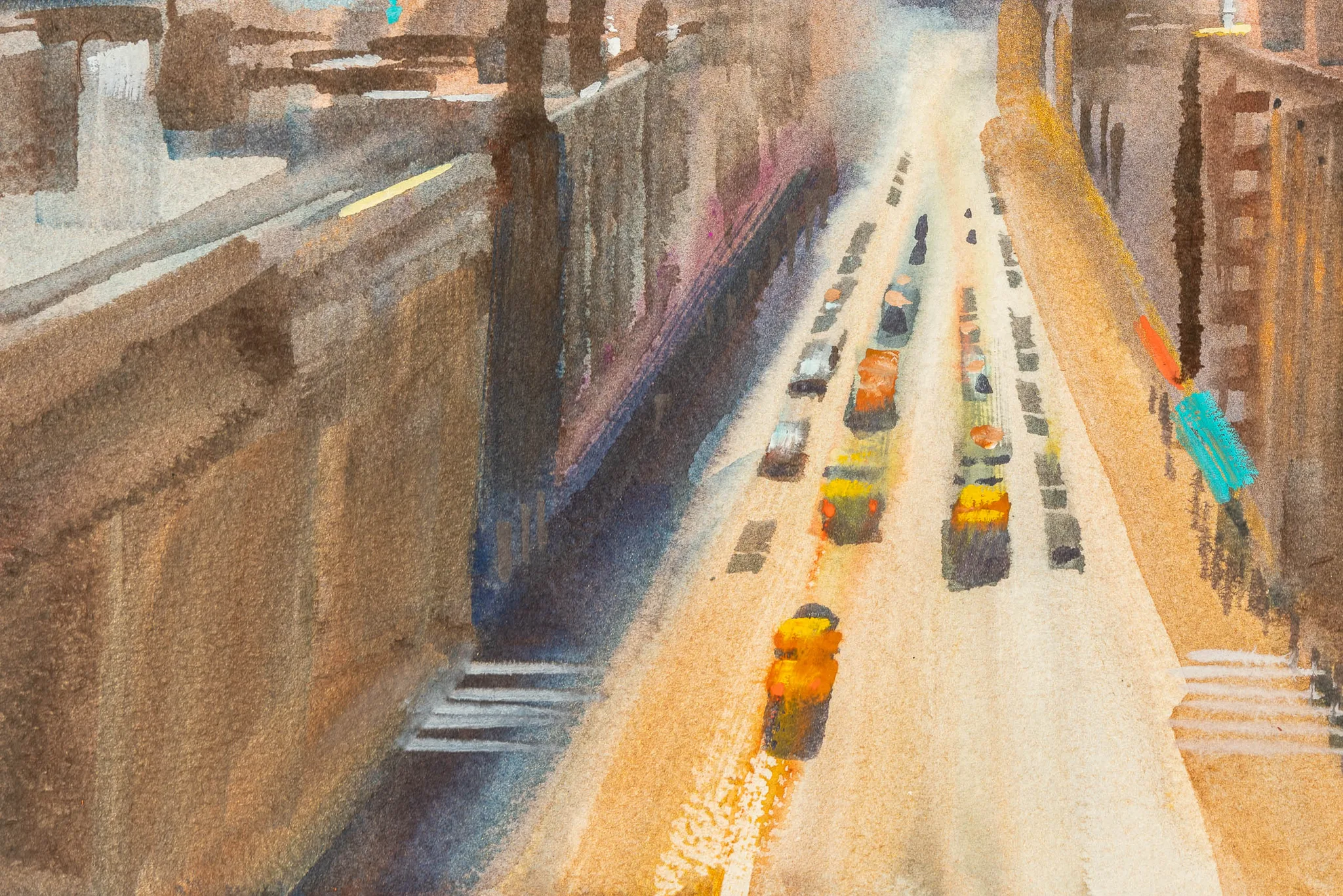 Close-up of High Line Horizons, an original mixed media painting by Paul Kenton: loose washes of ochre, amber and grey show a sunlit New York street, with blurred taxis and a cyclist heading toward a hazy light.