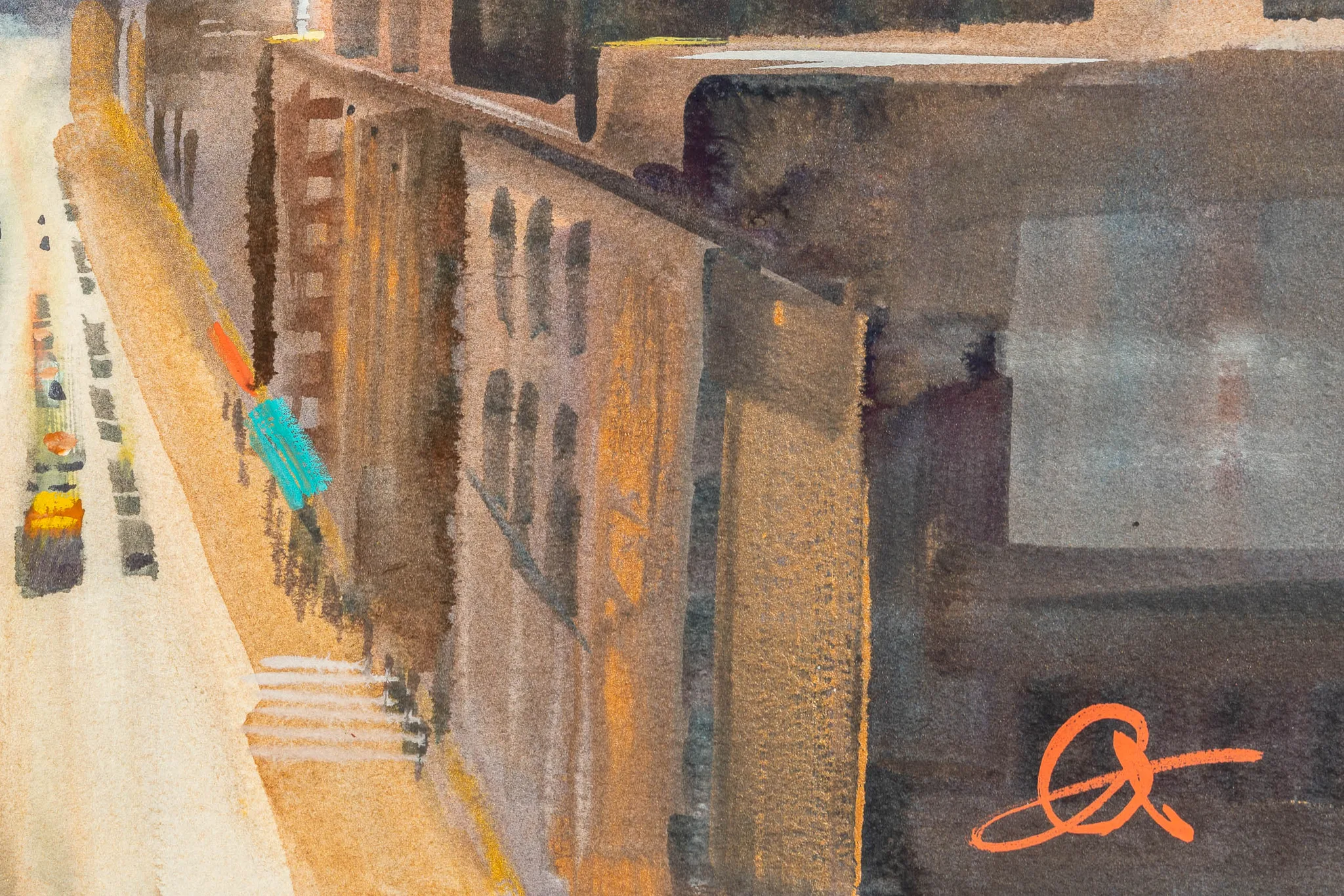 Close-up of High Line Horizons, an original mixed media painting by Paul Kenton, showing warm ochre and brown city buildings with a yellow taxi, a turquoise brushstroke and a bold orange signature.
