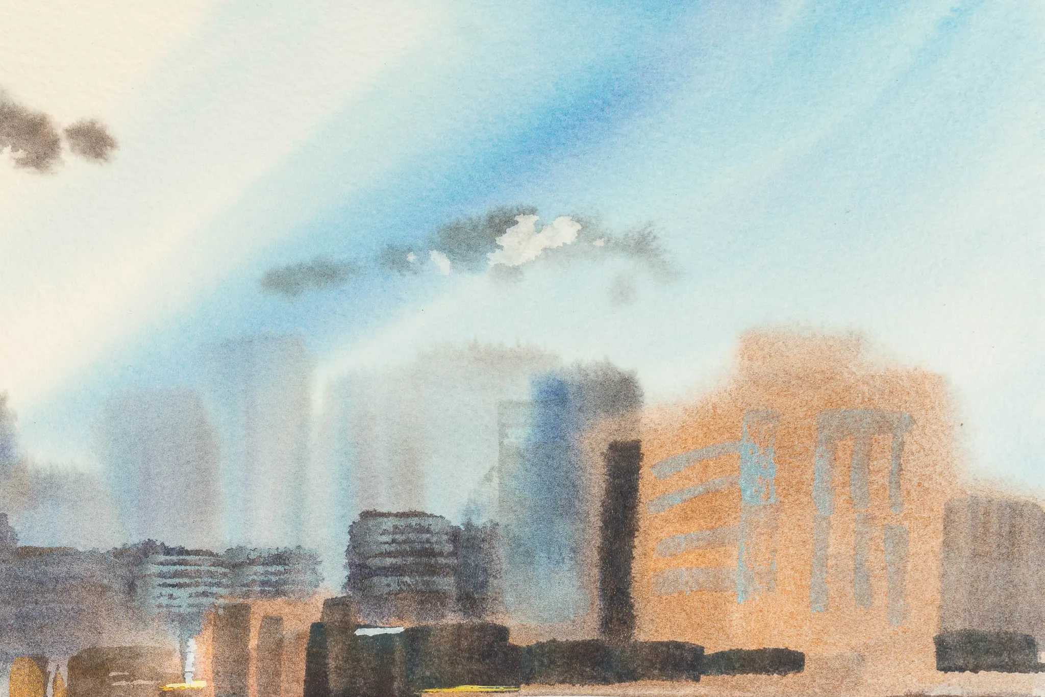 Close-up of High Line Horizons, an original mixed media painting on watercolour paper by Paul Kenton, showing soft blue washes of sky over hazy, muted New York towers and warm ochre buildings.