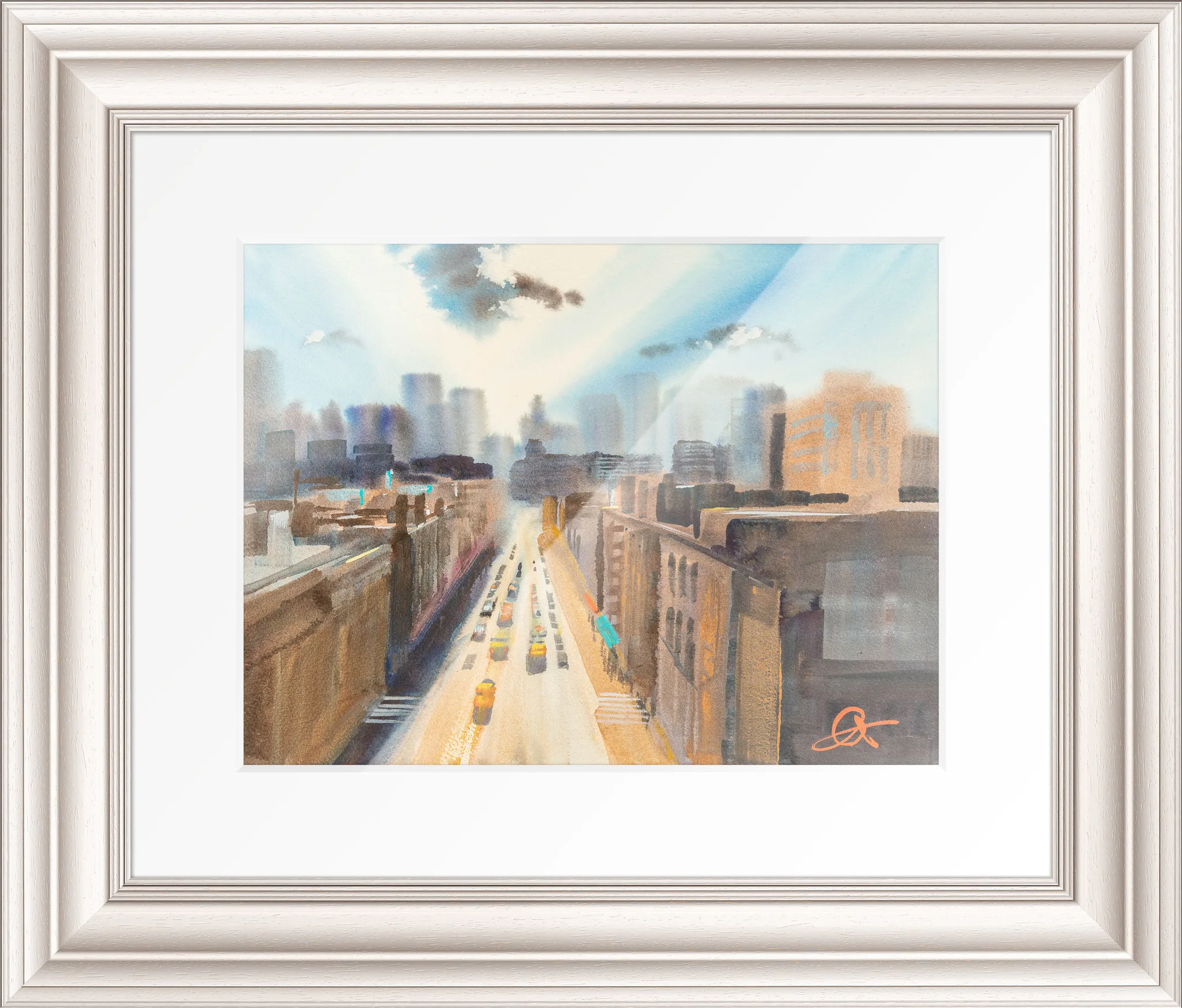 High Line Horizons, a framed original painting by Paul Kenton: a New York street seen from above, with yellow taxis, pale blue sky and misty towers, in a pale wood frame.