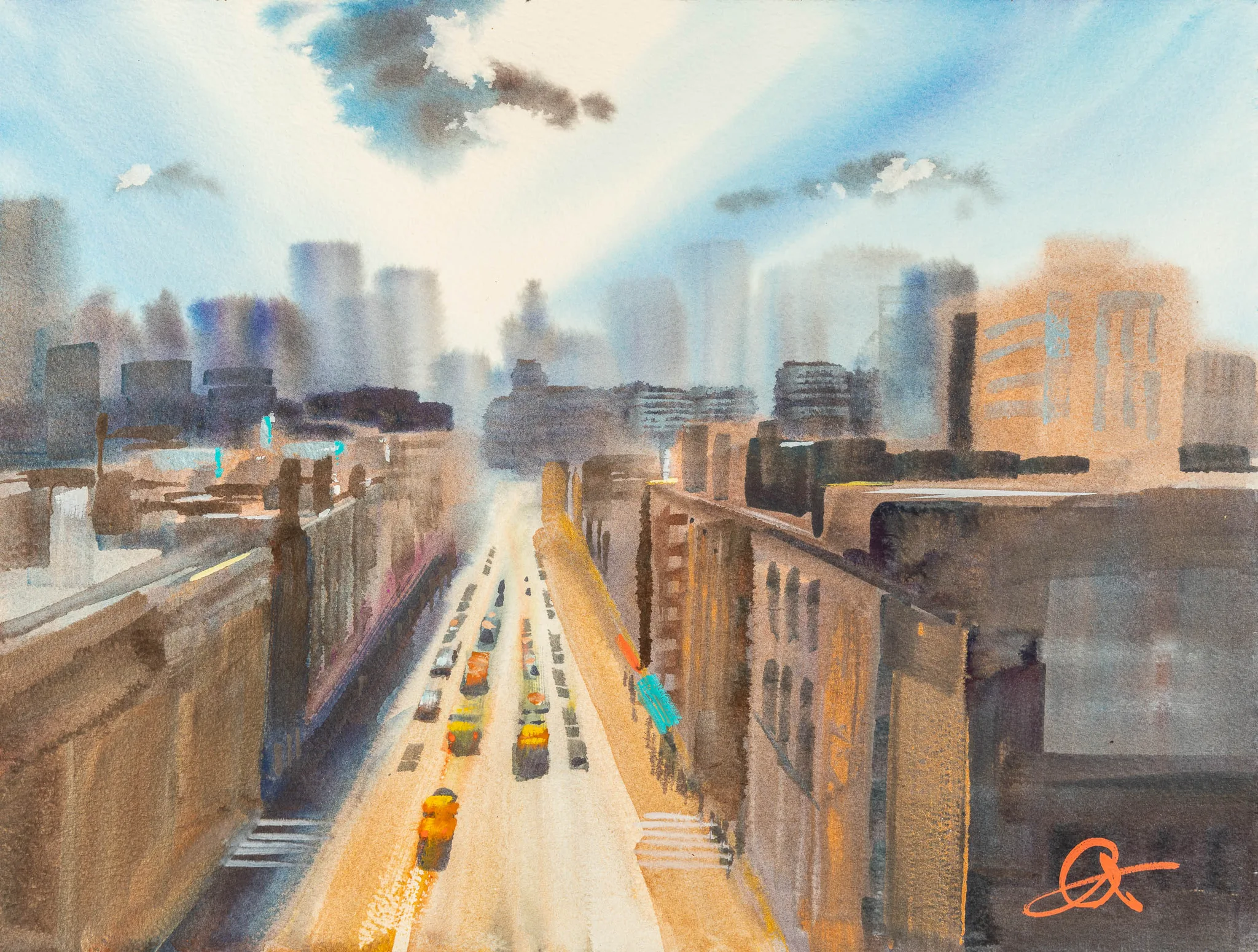 High Line Horizons, an original painting by Paul Kenton: a hazy, sunlit view down a New York avenue, with yellow taxis streaming between tan buildings toward a glowing skyline under pale blue sky.