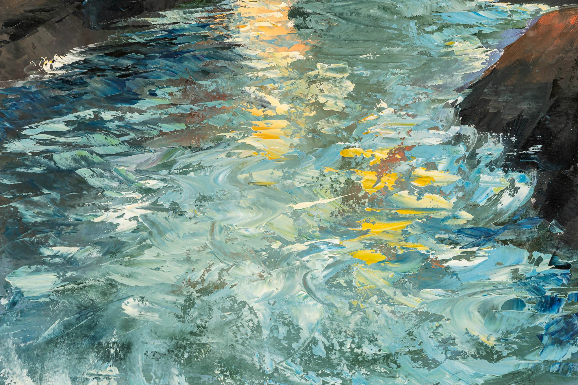 Close-up of Last Light in Biarritz, an original oil painting by Paul Kenton, showing thick turquoise and white brushstrokes of churning sea with golden evening light glinting across the water.