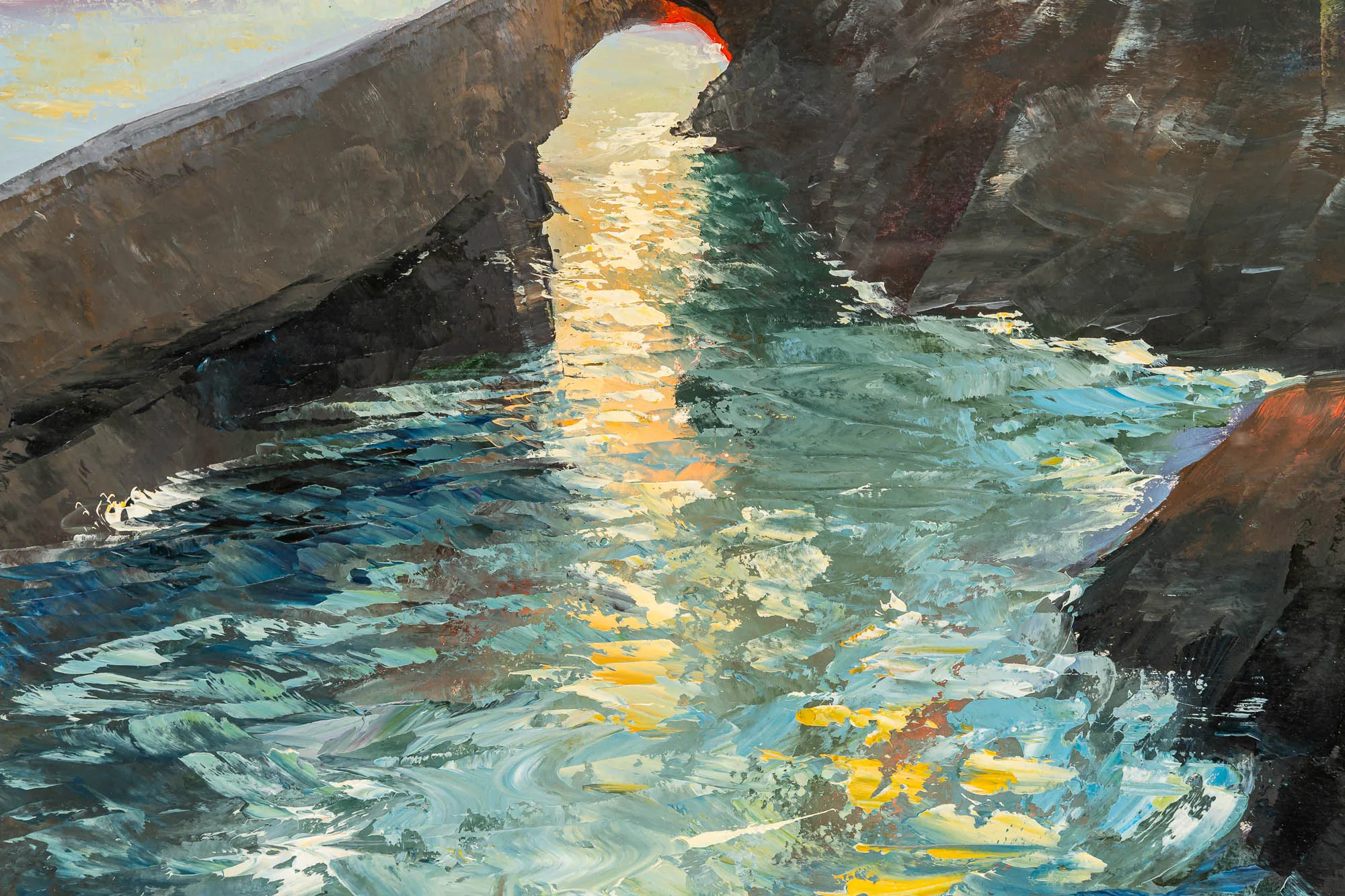 Close-up of Last Light in Biarritz: thick, textured brushstrokes of teal and blue water, with golden sunlight glinting across the waves beneath a dark rock arch.