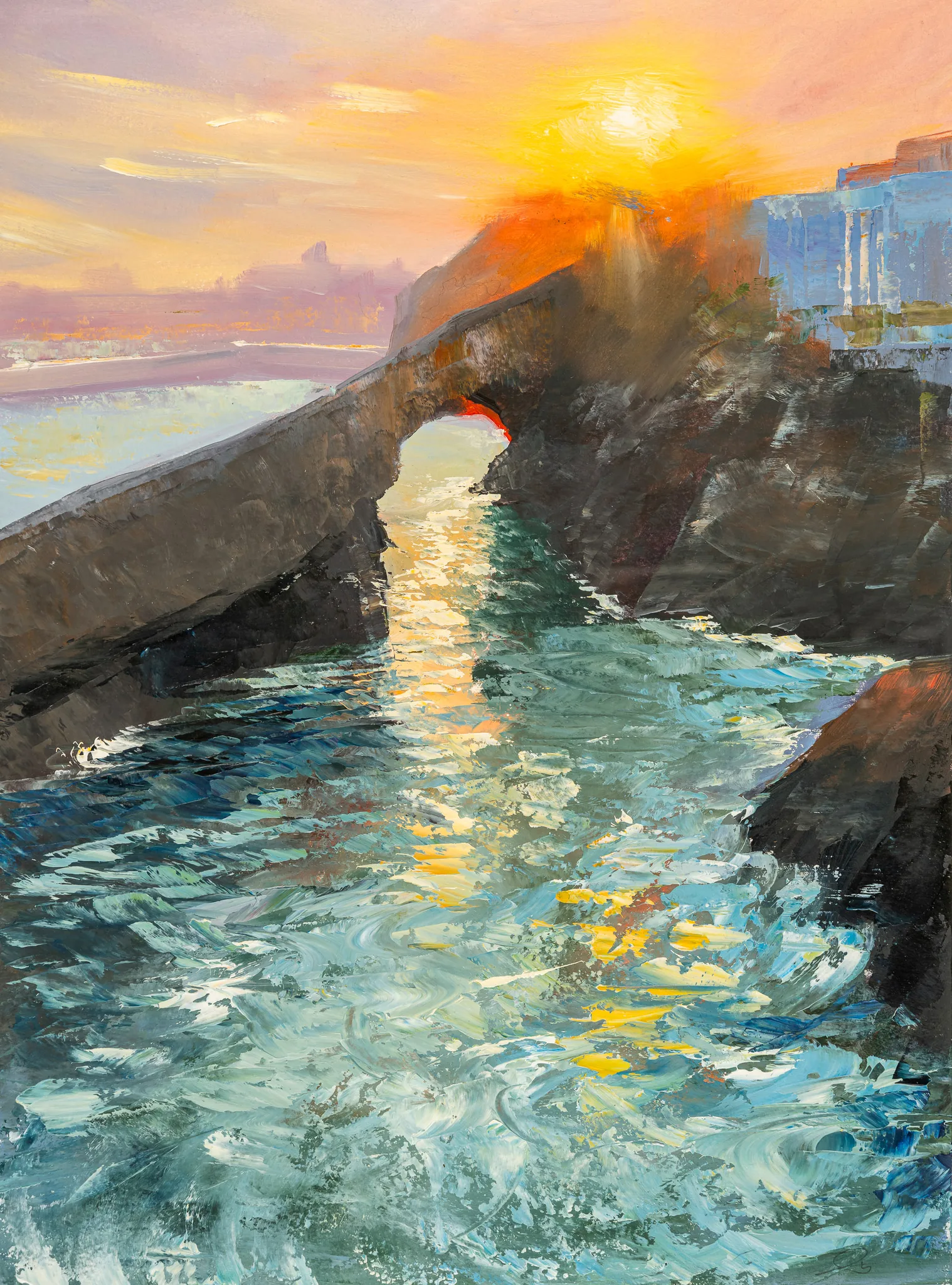 Last Light in Biarritz, an original painting by Paul Kenton: a setting sun glows over a dark rock arch above churning turquoise sea, with golden light reflected on the water and a pale blue building on the cliff.