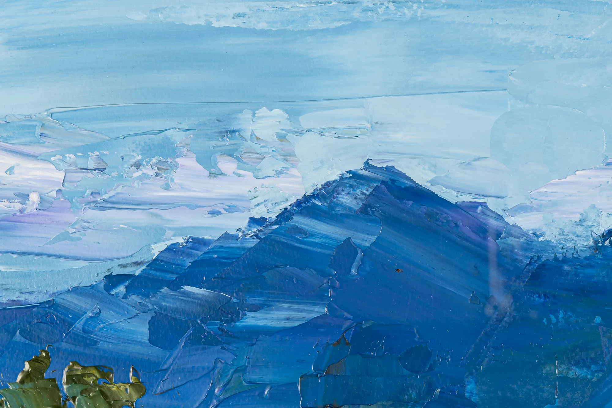 Close-up of Sapphire Reflections, an original painting by Paul Kenton, showing thick blue and pale lilac brushstrokes forming a peaked form, with flecks of olive green at the lower left.