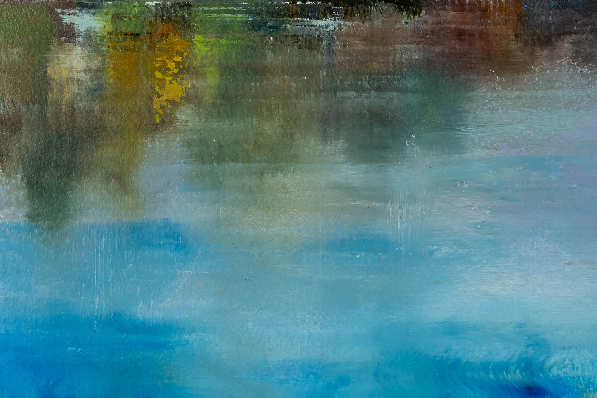 Close-up of Calm Waters of Como, an original gouache painting by Paul Kenton: soft, streaked blues below blurred greens, ochre and grey, suggesting reflections on still lake water.