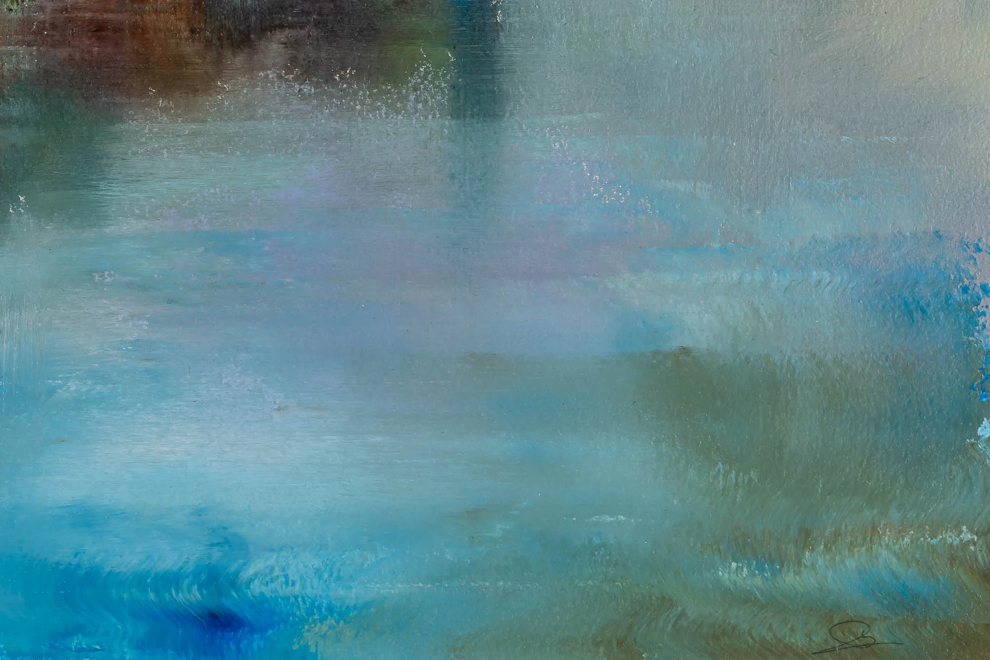 Close-up of Calm Waters Of Como, an original gouache painting by Paul Kenton, showing soft, textured washes of blue, teal and muted brown blending into a misty, abstract lake-like scene.