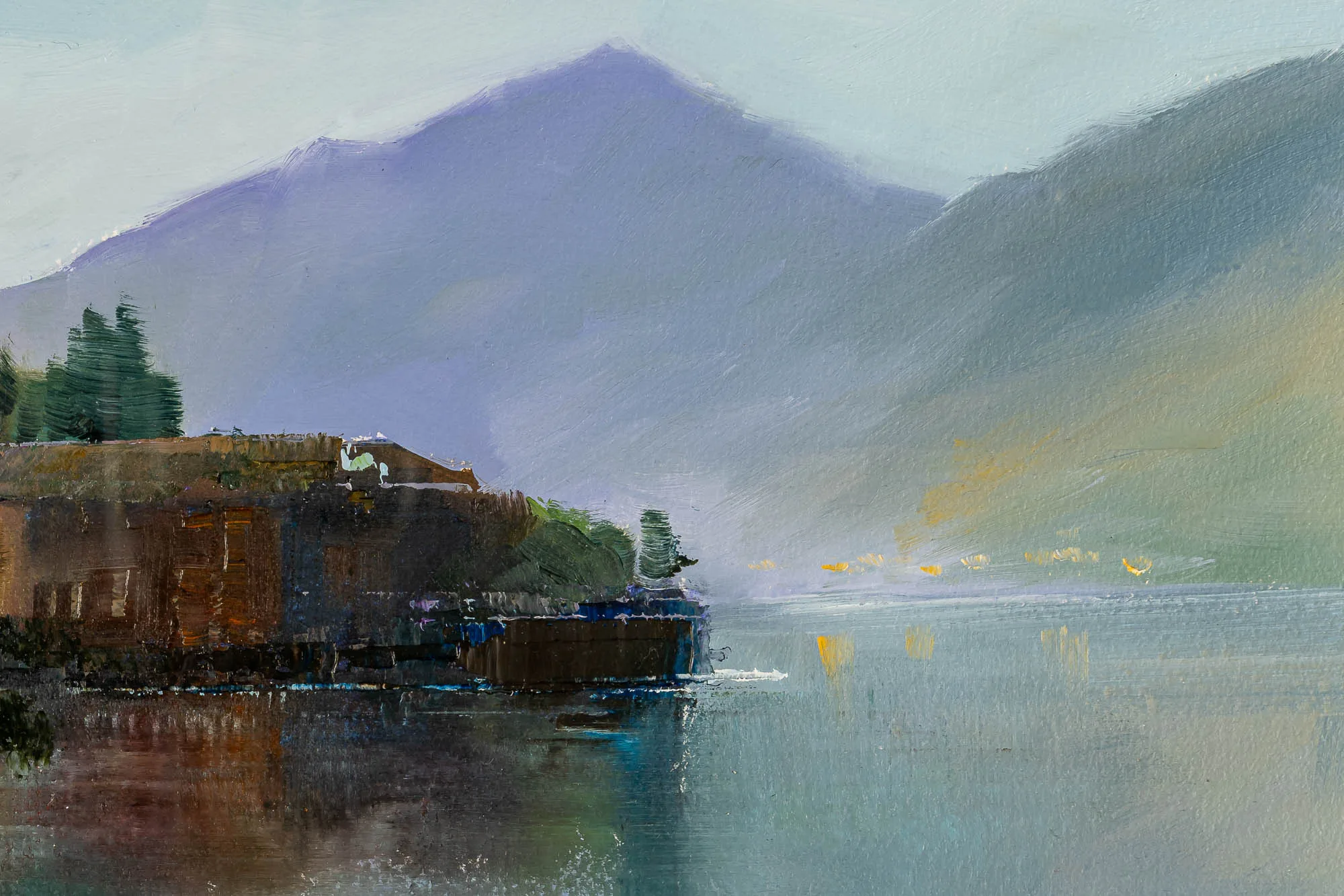 Close-up of Calm Waters Of Como, an original gouache painting by Paul Kenton: a misty violet mountain over a still lake, with a brown lakeside building and soft, textured brushwork.