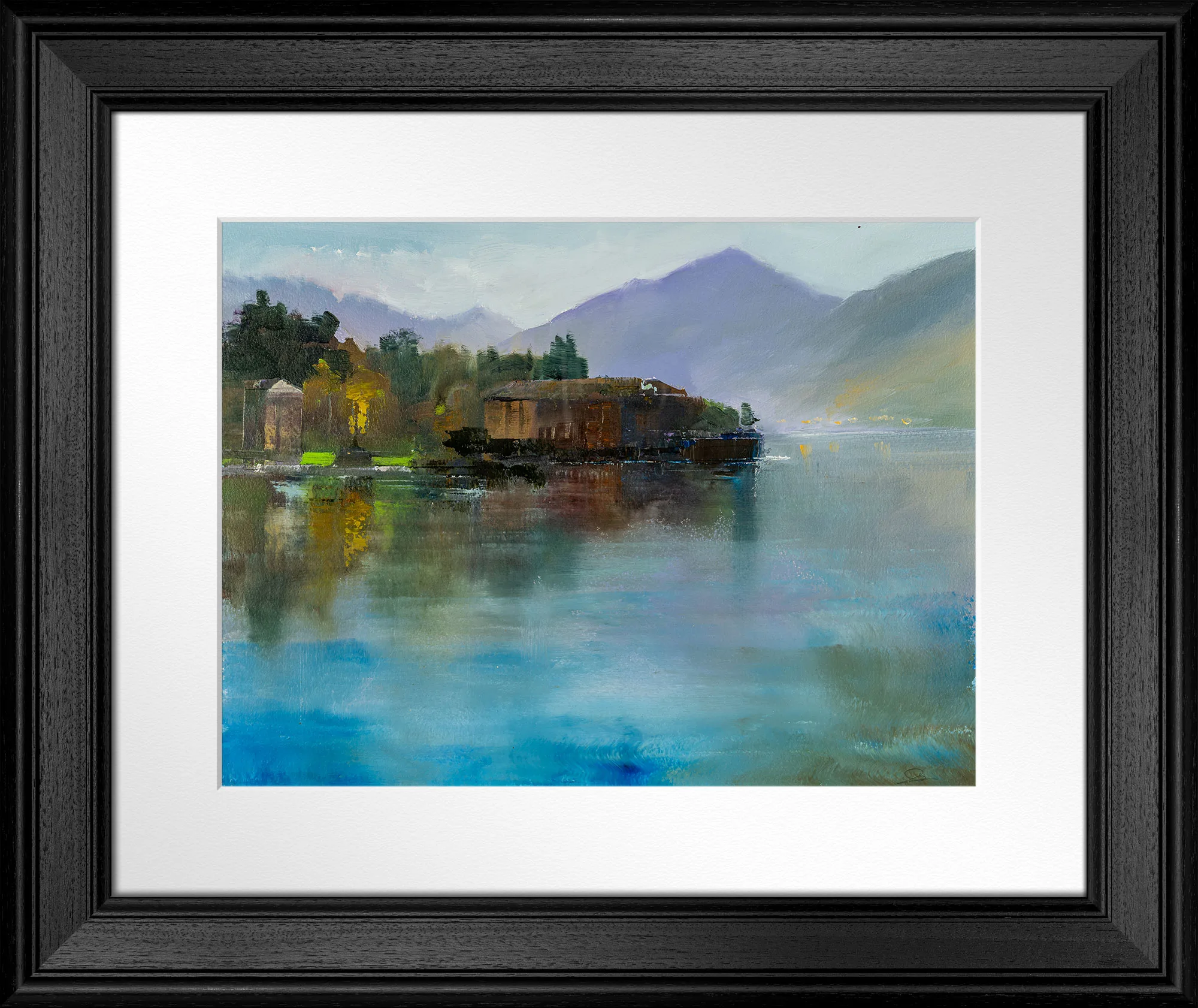 Calm Waters Of Como, an original gouache painting by Paul Kenton in a black frame with a white mount: a misty lake with a wooded shore, a low building and blue mountains, its water reflecting soft blues and greens.