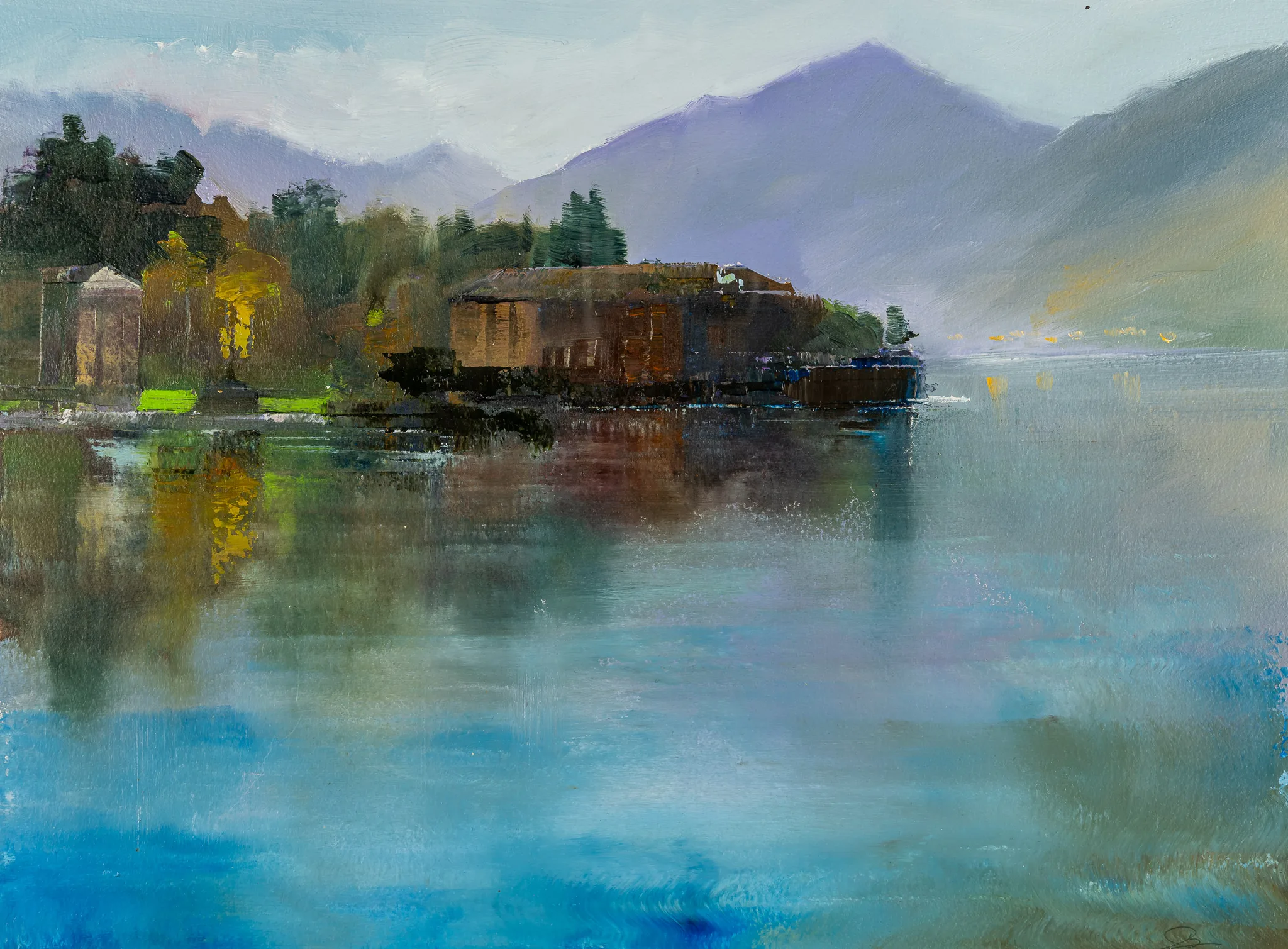 Calm Waters Of Como, an original painting by Paul Kenton: misty violet mountains rise above still blue-green water, with a brown boathouse and dark trees on the left reflected below.