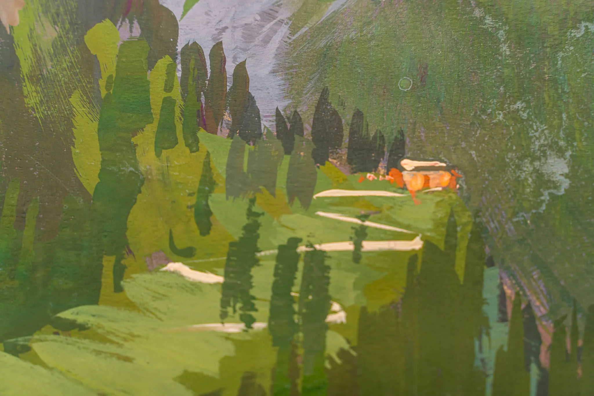 Close-up of Swiss Retreat, an original gouache painting by Paul Kenton, showing thick green brushstrokes of cypress trees, pale winding paths and a small orange-roofed building on a sunlit Alpine slope.