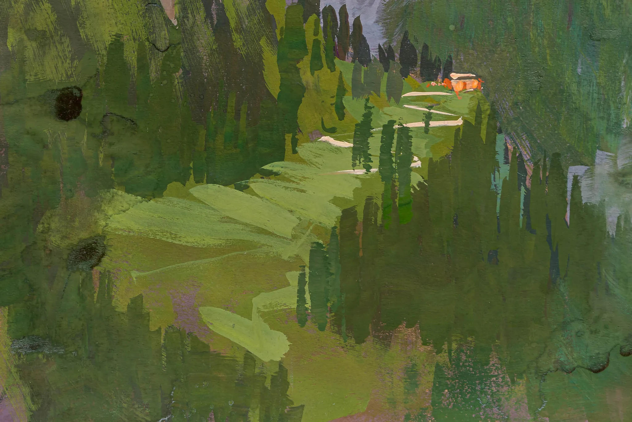 Close-up of Swiss Retreat, an original gouache painting by Paul Kenton: loose, textured brushstrokes of greens and olive, with dark cypress-like trees and a small touch of orange on a pale path.