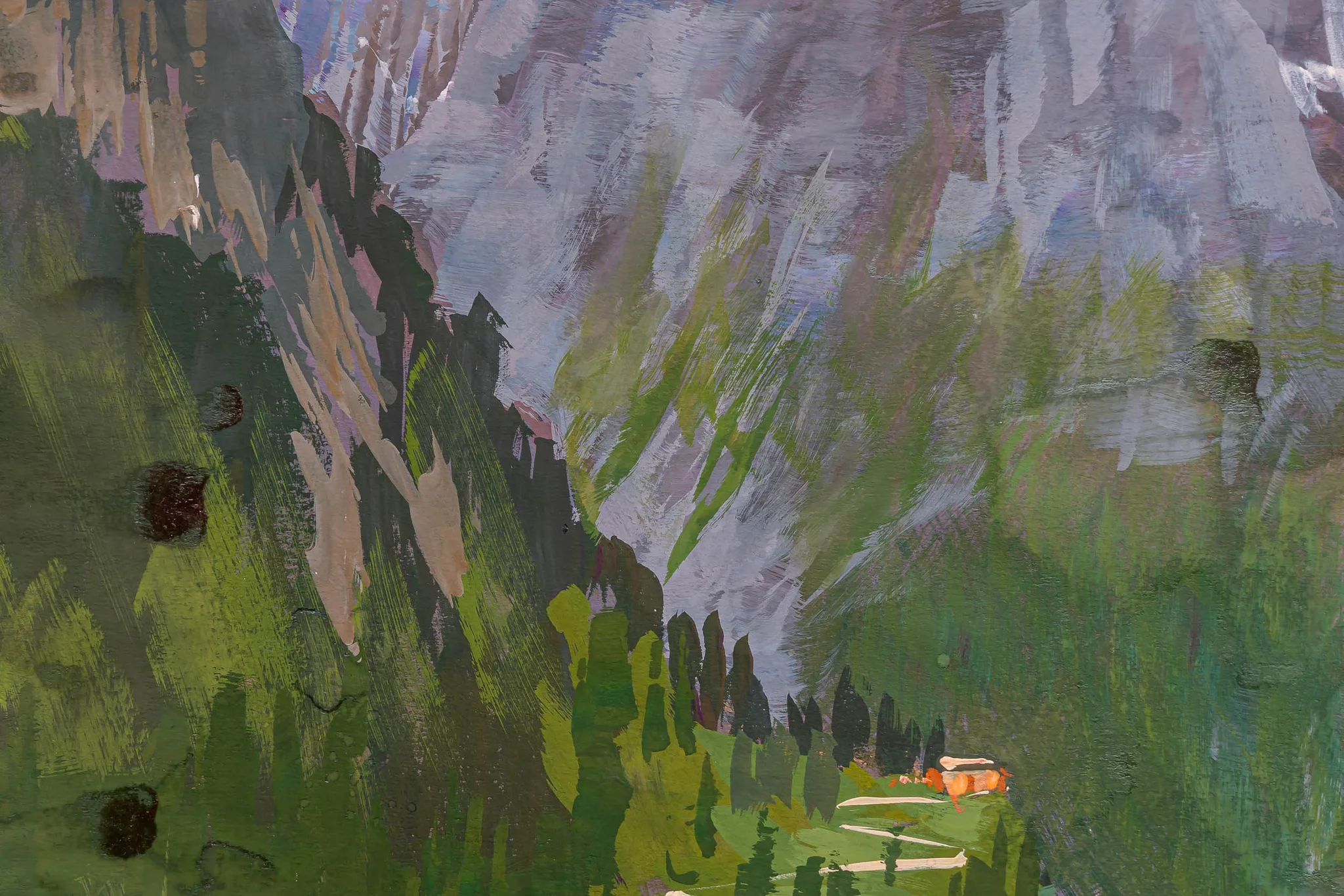 Close-up of Swiss Retreat, an original gouache painting by Paul Kenton, showing loose, textured brushwork in greens, greys and tan on rugged alpine slopes, with a small orange-roofed chalet at the bottom.