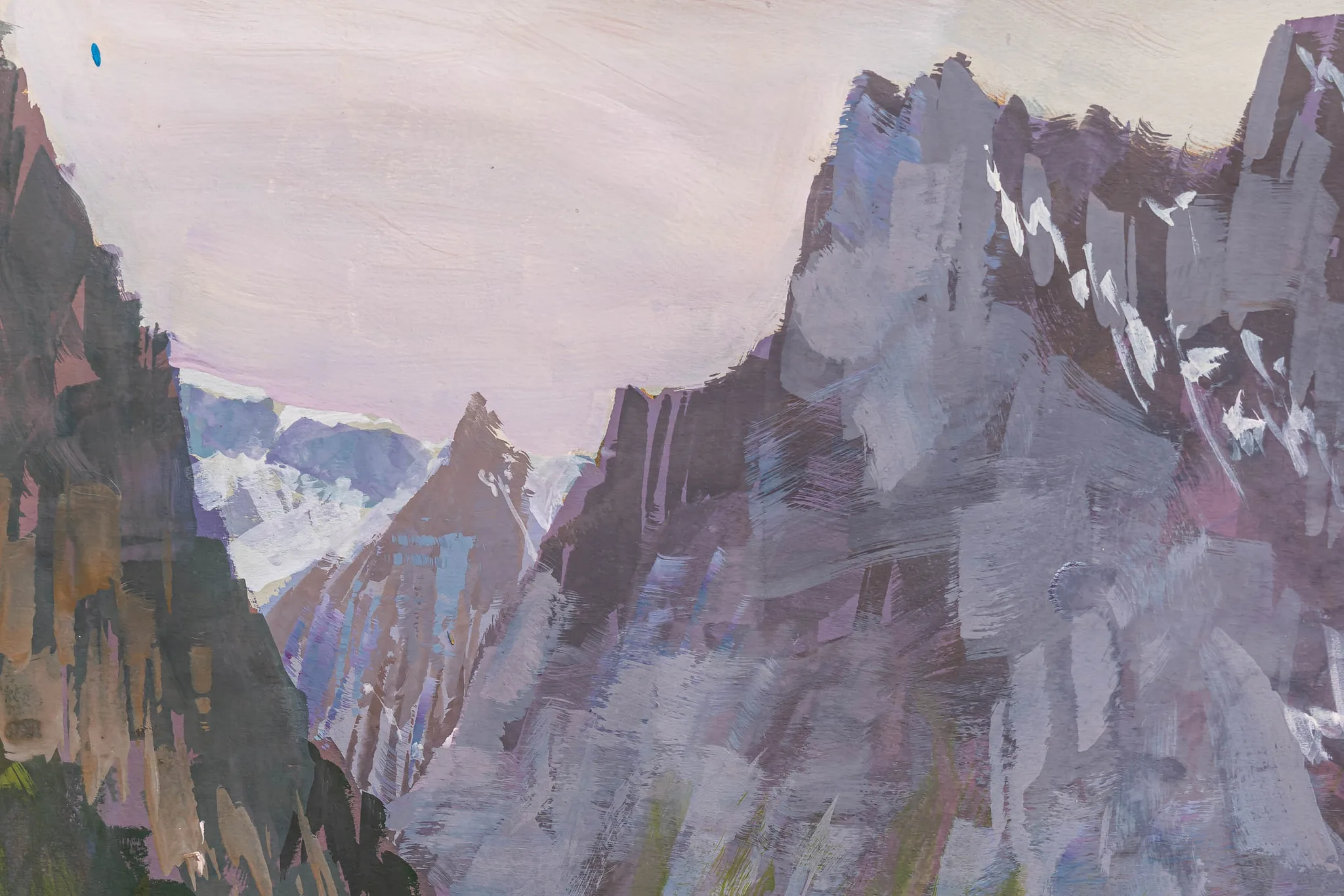 Close-up of Swiss Retreat, an original gouache painting by Paul Kenton: jagged, snow-streaked Alpine peaks in lilac and grey, with loose, textured brushstrokes under a pale pink sky.