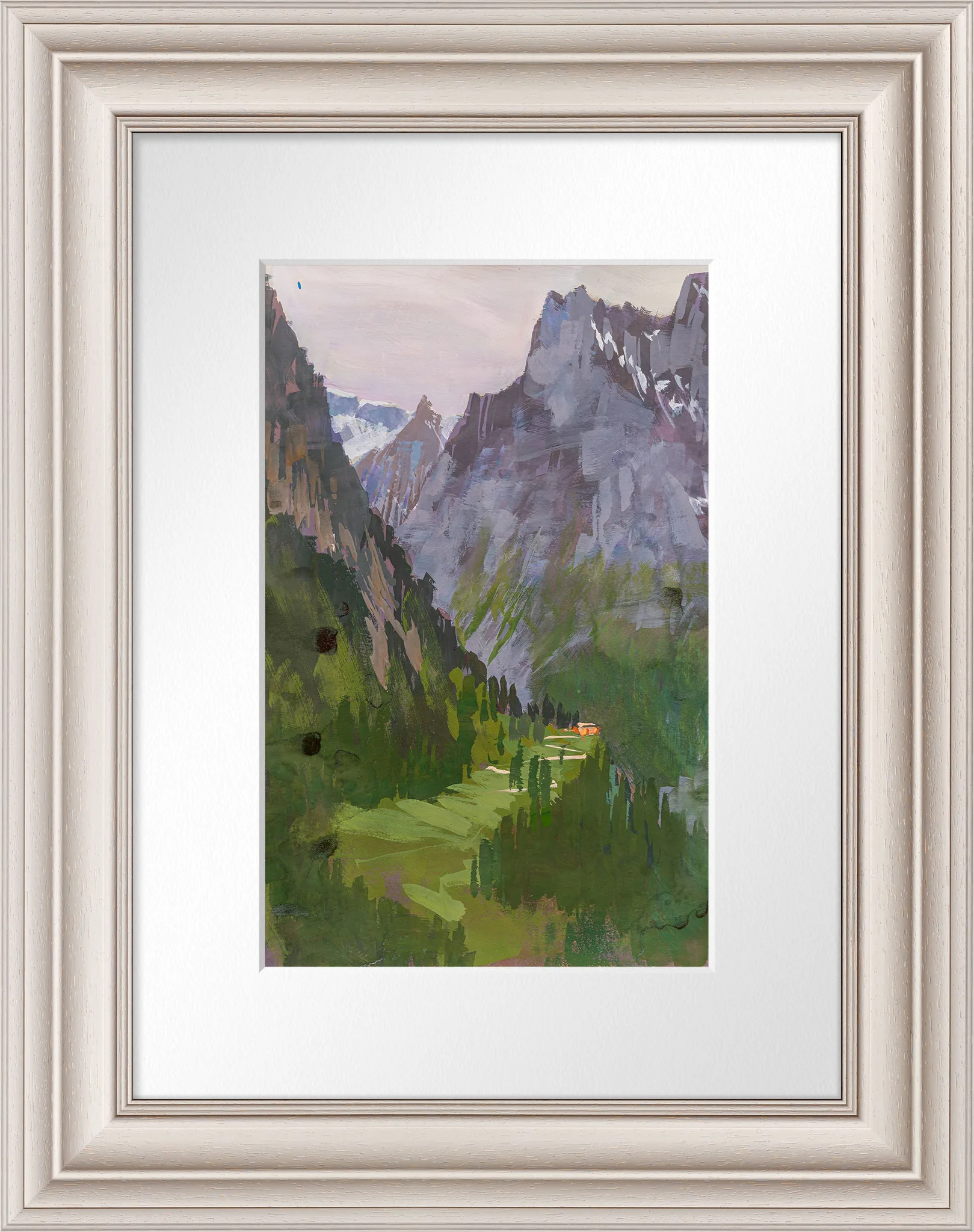 Swiss Retreat, an original painting by Paul Kenton in a pale cream frame: jagged grey Alpine peaks above a green valley, with a small lit cabin and a lilac sky.