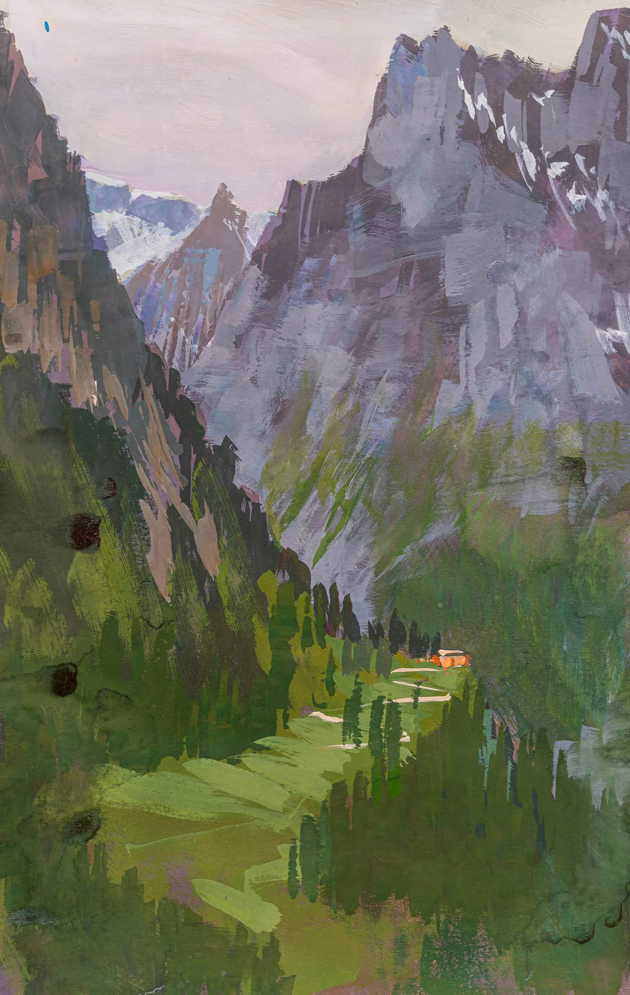 Swiss Retreat, an original painting by Paul Kenton: a valley of loose, textured greens with jagged grey Alpine peaks rising under a pale mauve sky, and a small orange cabin beside a winding path.