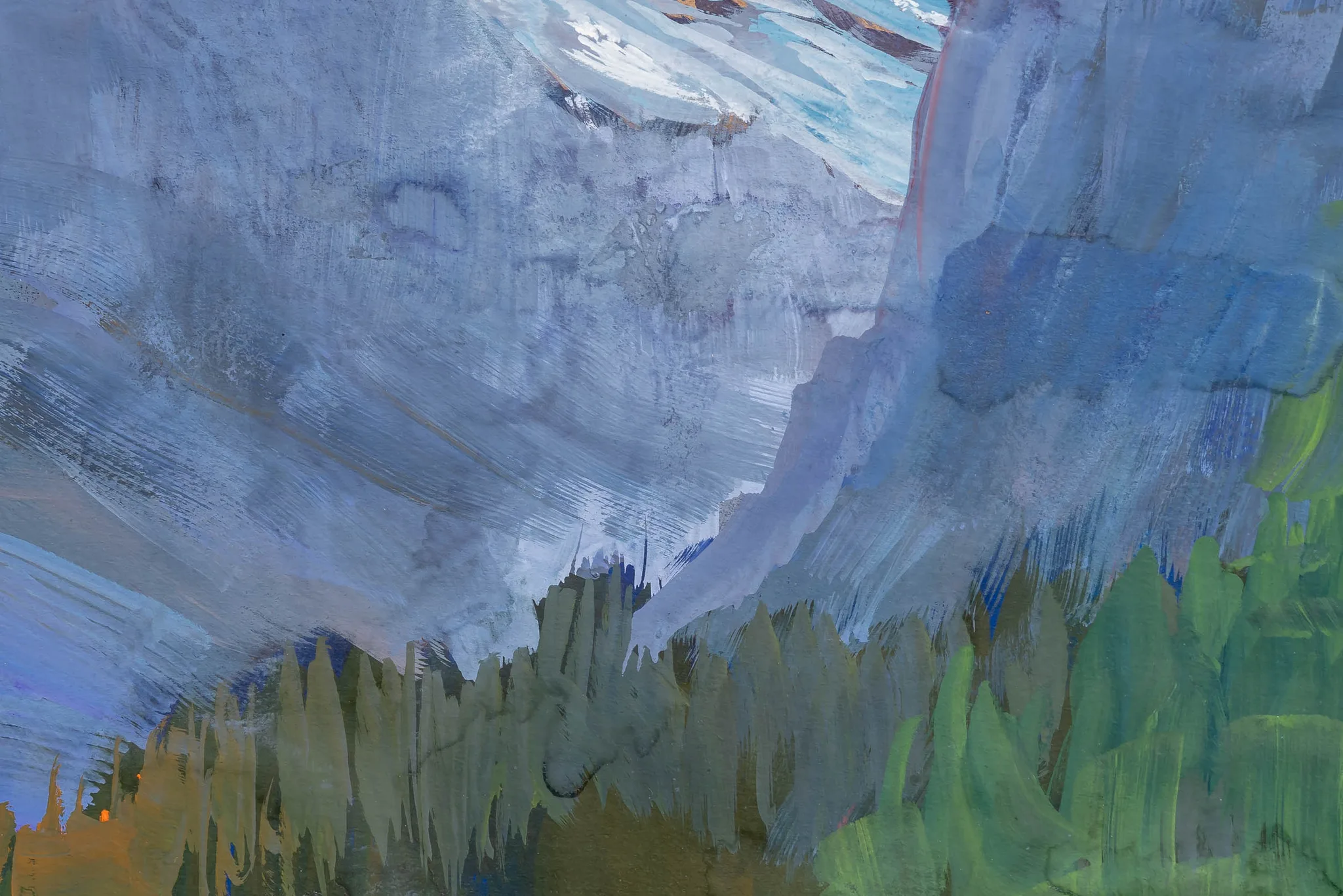 Close-up of Alpine Sanctuary, an original gouache painting by Paul Kenton: broad, textured strokes of grey-blue rock and pale snow give way to dense olive and green pine forest.