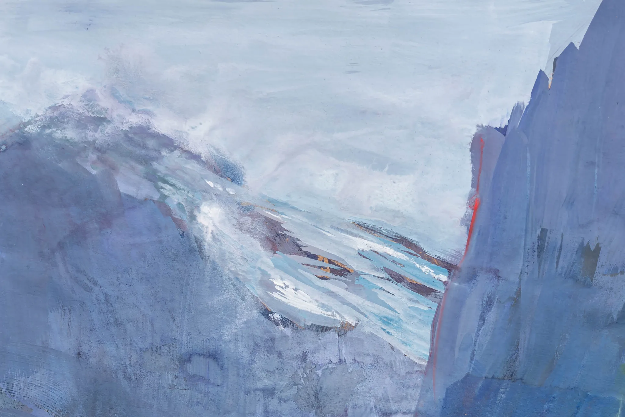 Close-up detail of Alpine Sanctuary, an original gouache painting by Paul Kenton: loose, textured blue-grey brushstrokes of snow-covered peaks, with a glint of white and a touch of orange in the rock.