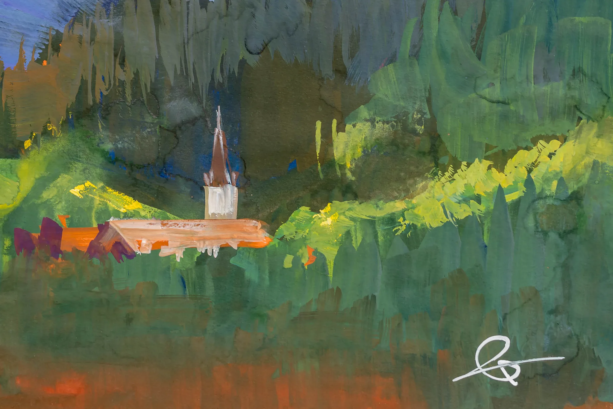 Close-up of Alpine Sanctuary, an original gouache painting by Paul Kenton: a small white church spire rises above loose, textured greens and an orange-roofed building, with bright yellow-green light on the trees.