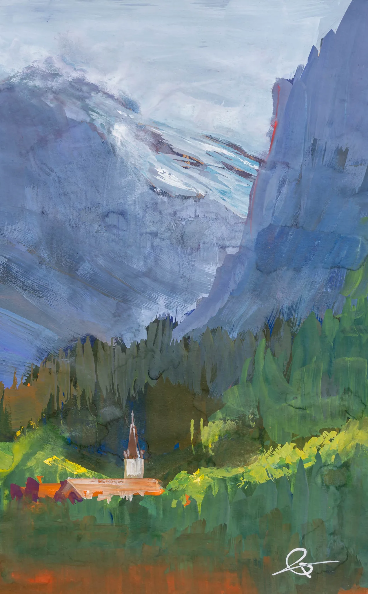 Alpine Sanctuary, an original painting by Paul Kenton: blue-grey mountains rise under a pale sky while a small white church with a red roof sits among bright green forest at the base.