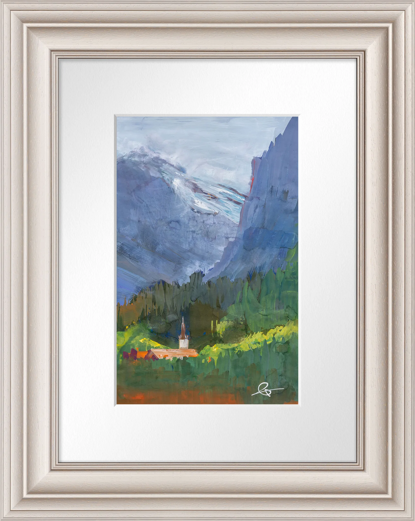 Alpine Sanctuary, an original gouache painting by Paul Kenton in a pale silver frame with a white mount: blue mountains and a glacier rise above green forest and a small village church with a red roof.