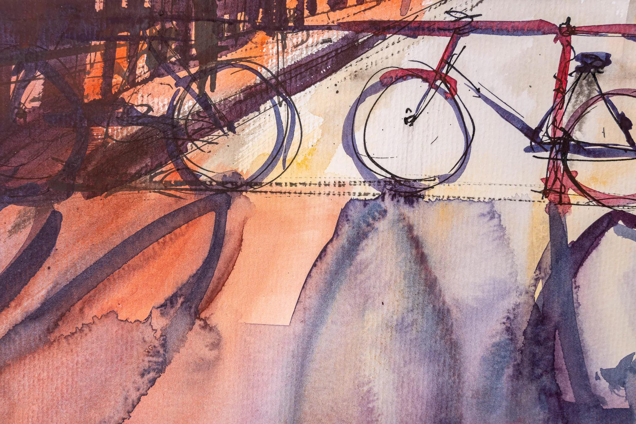 Close-up of Amsterdam Ambiance, an original watercolour and ink painting by Paul Kenton: loose ink-drawn bicycle wheels and a red frame over warm orange and violet washes.