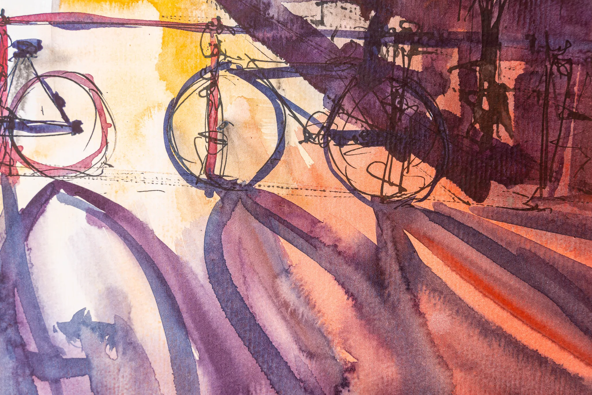 Close-up of Amsterdam Ambiance, an original watercolour and ink painting by Paul Kenton, showing loose ink-drawn bicycle wheels and frames over washes of purple, orange and yellow with soft shadows.