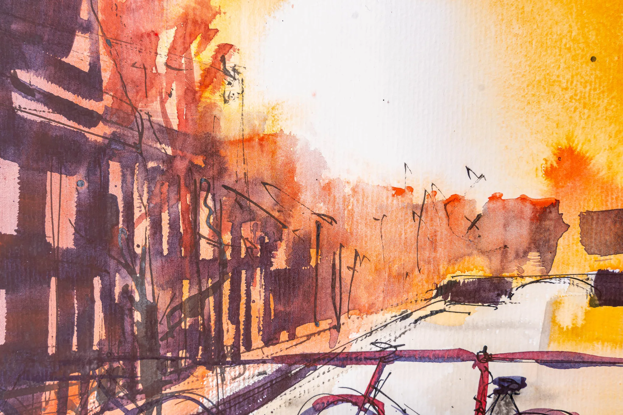 Close-up detail of Amsterdam Ambiance, an original watercolour and ink painting by Paul Kenton, showing loose orange and violet washes of buildings, a glowing sunlit sky and a red bicycle.