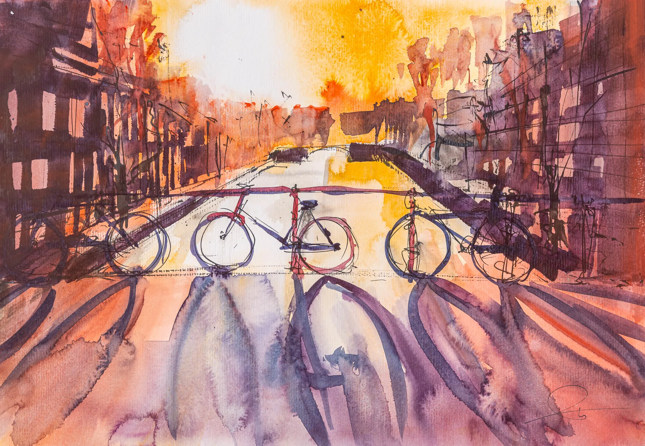 Amsterdam Ambiance, an original painting by Paul Kenton: a watercolour and ink canal street at sunset, with a bicycle in sharp black line against a glowing golden sky and long purple shadows.