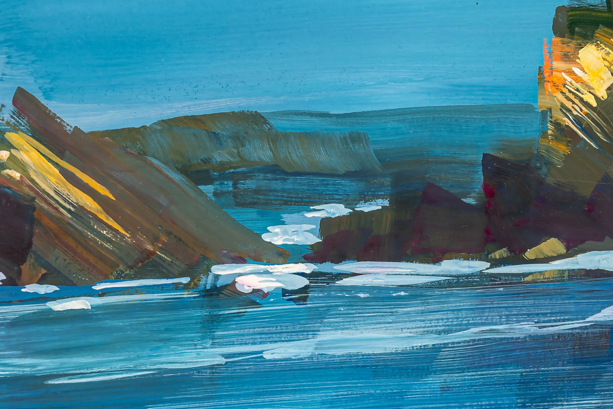 Close-up of Biarritz Blues, an original gouache painting by Paul Kenton, showing thick blue water with white foam and rocky cliffs in ochre, brown and maroon under a pale blue sky.