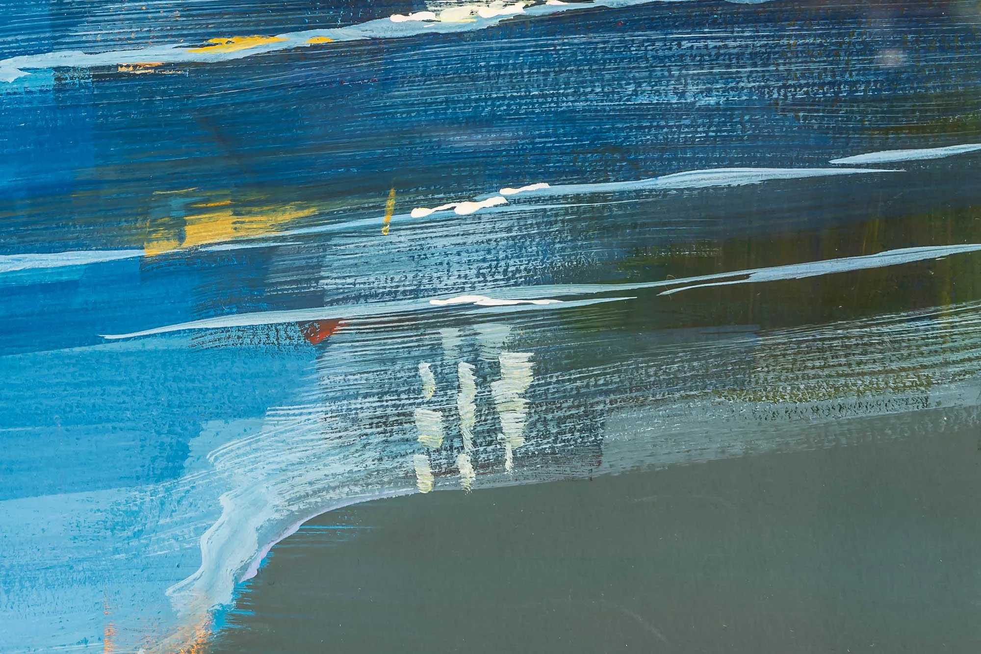 Close-up of Biarritz Blues, an original gouache painting by Paul Kenton: rough, layered blue brushstrokes with flecks of yellow and white, and pale vertical marks reflected in a dark grey shore.