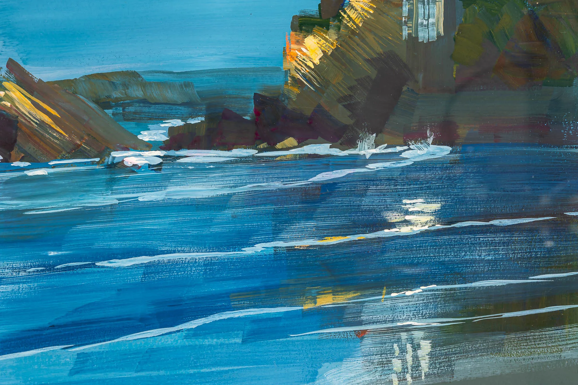 Close-up of Biarritz Blues, an original gouache painting by Paul Kenton: rough blue sea strokes with white surf, and golden sunlit rock beneath dark cliffs.