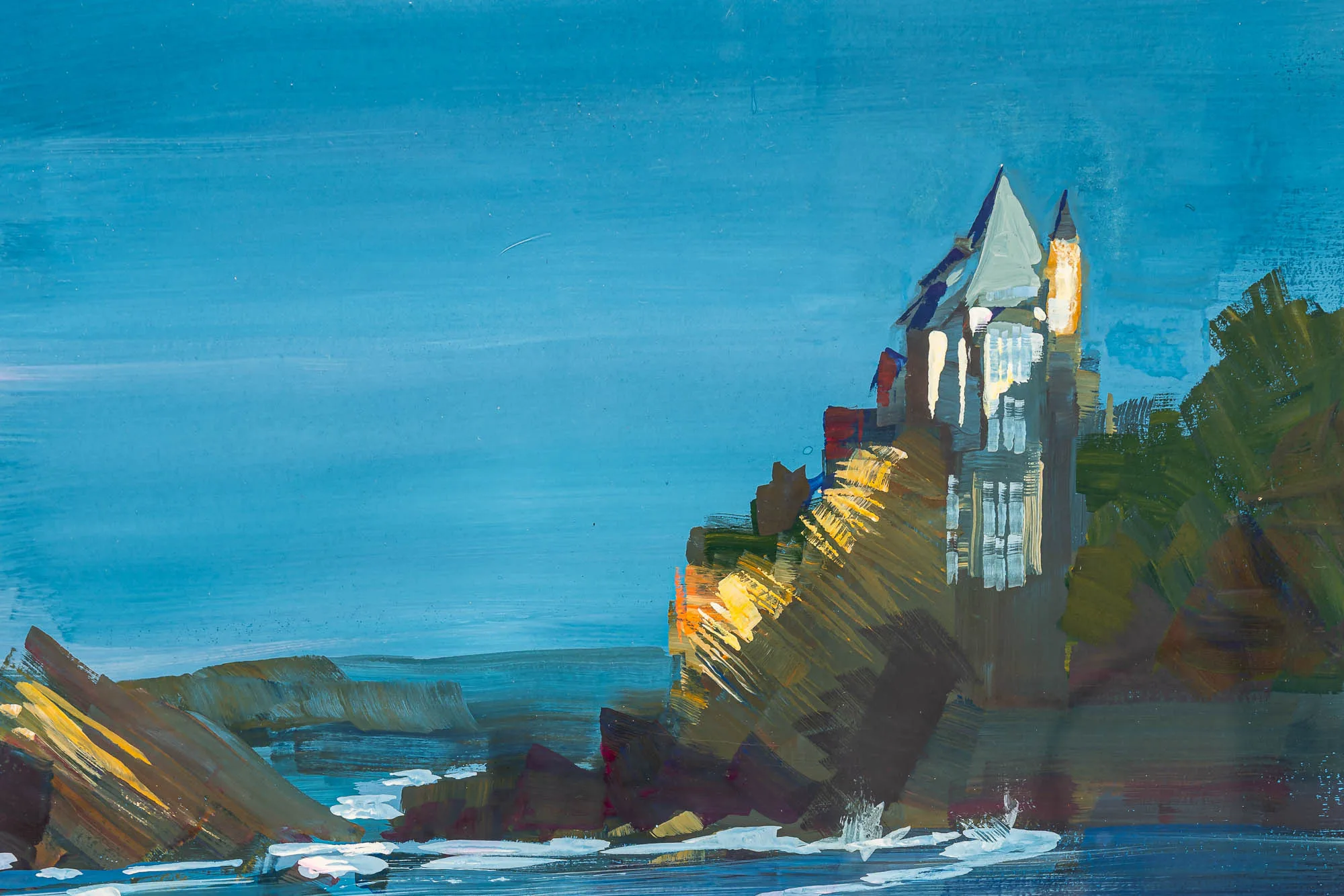Close-up of Biarritz Blues, an original gouache painting by Paul Kenton: a sunlit clifftop château of pale towers above rocks and bold blue sea.