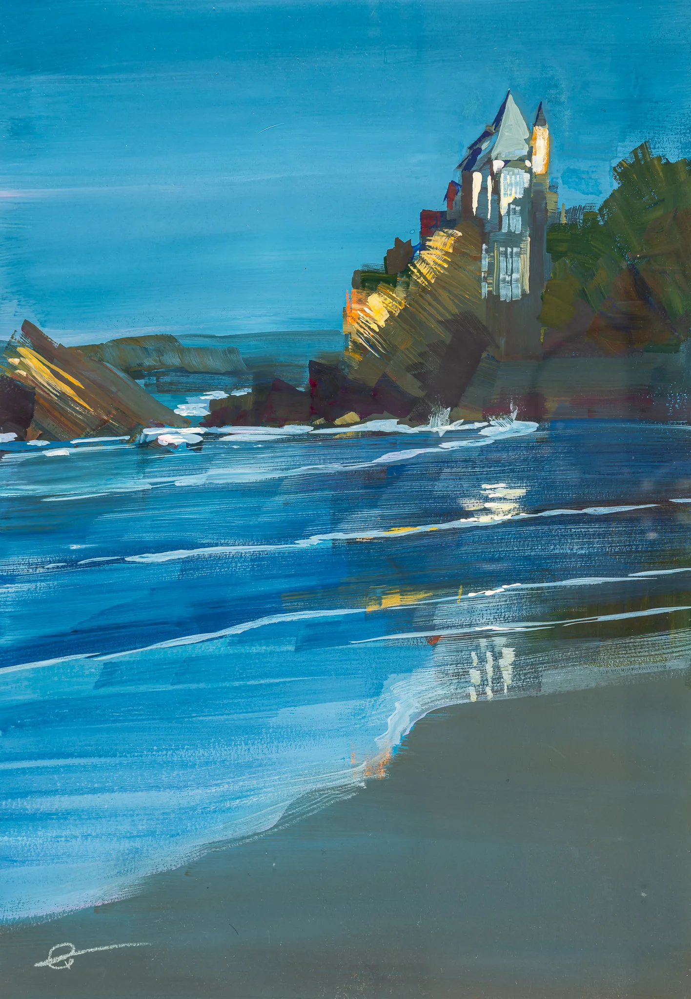 Biarritz Blues, an original gouache painting by Paul Kenton: a lit clifftop villa above a rocky shore and blue sea, with the sand in the foreground and warm yellow light on the rocks.