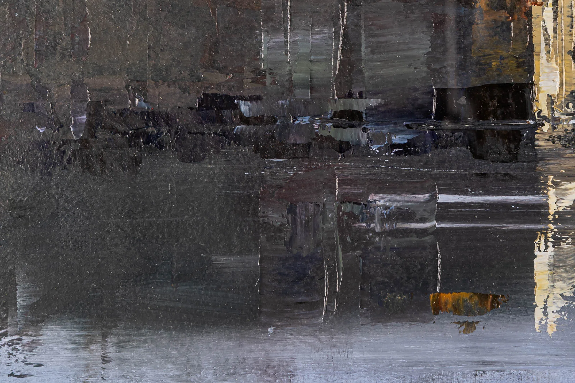 Close-up of Silent Reflections, an original oil on paper painting by Paul Kenton, showing dark, textured brushstrokes of buildings mirrored in still water with touches of gold and grey.