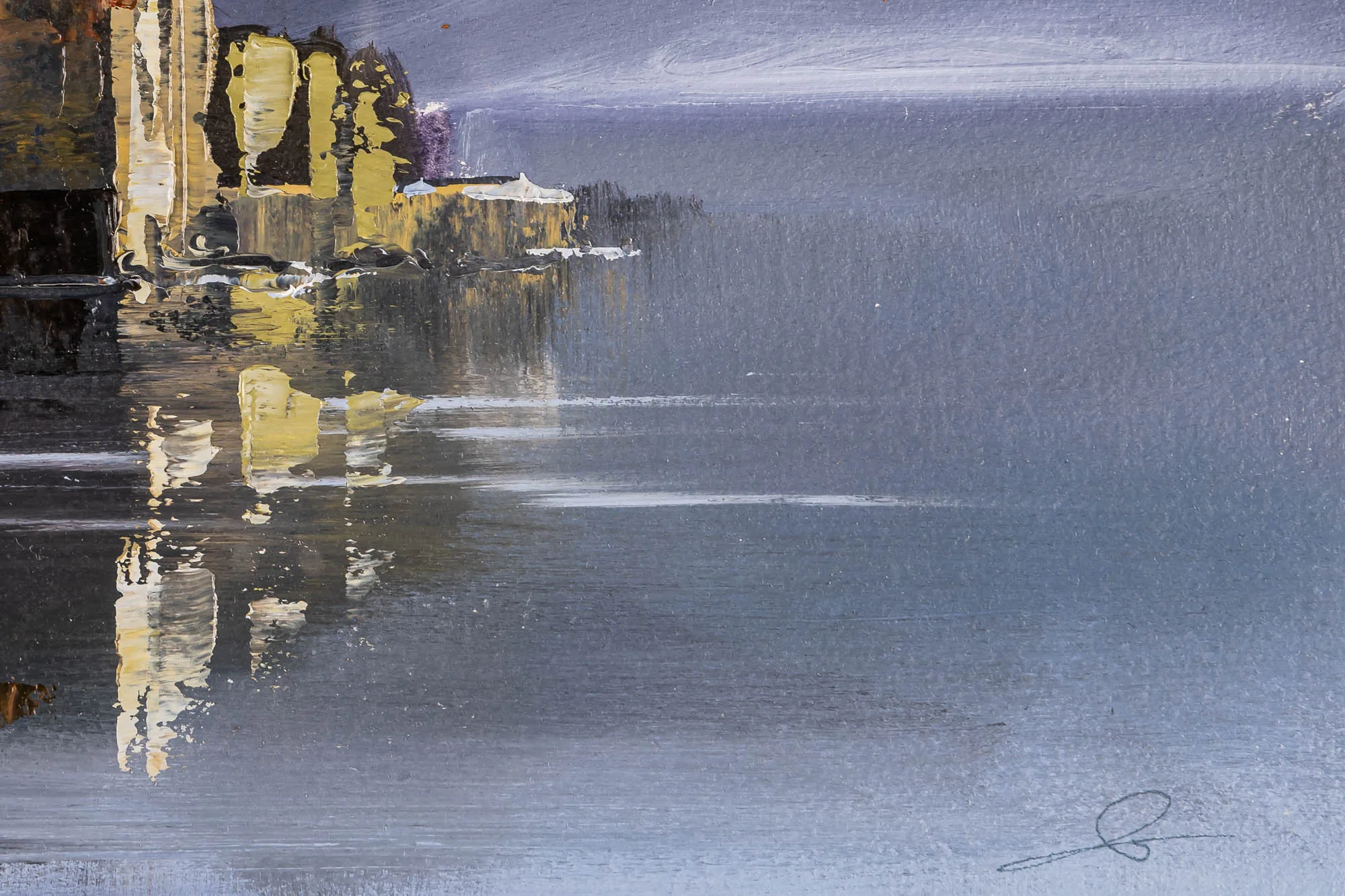 Close-up of Silent Reflections, an original painting by Paul Kenton: thick yellow and ochre brushstrokes of buildings on the left mirror into still grey-blue water, with a textured sky above.