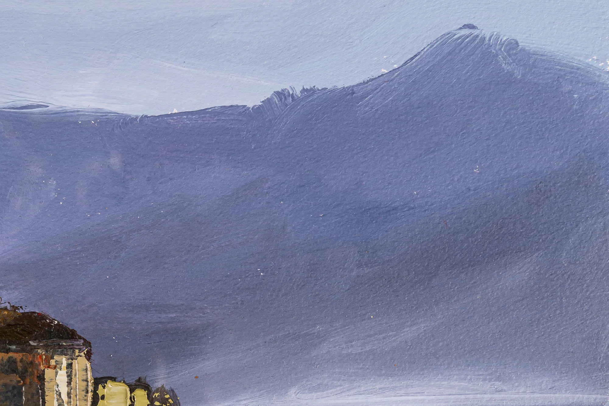 Close-up of Silent Reflections, an original oil on paper painting by Paul Kenton of Lake Como, showing thick, scraped lilac-grey brushwork across a misty mountain slope, with ochre and brown buildings at the lower left edge.