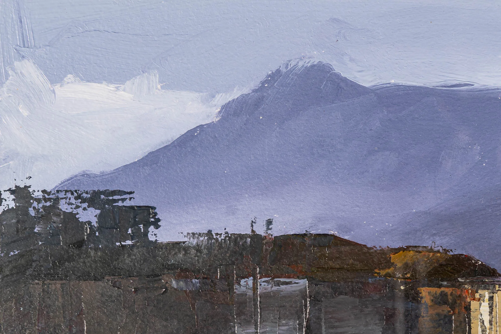 Close-up of Silent Reflections, an original Paul Kenton oil on paper painting of Lake Como: thick lilac and grey brushstrokes depict a misty mountain peak above dark, textured buildings.