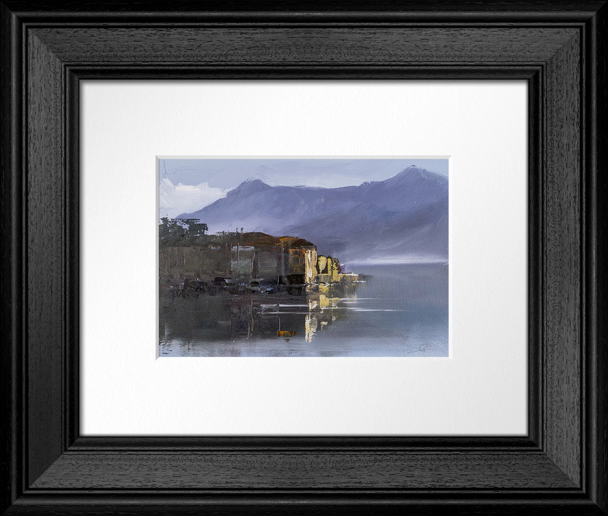 Silent Reflections, an original oil on paper painting by Paul Kenton, in a black frame with a white mount: misty lilac mountains above a lakeside village mirrored in still water.