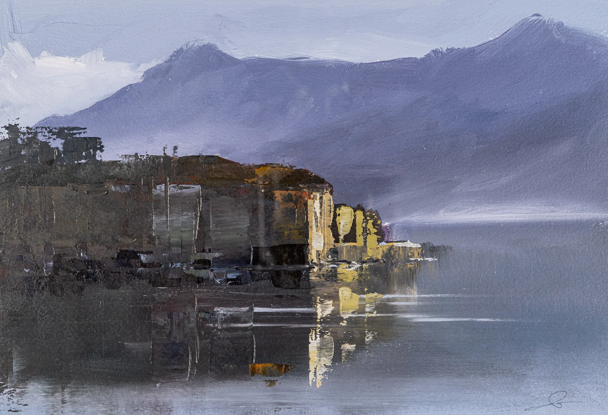 Silent Reflections, an original oil on paper painting by Paul Kenton: a lakeside village of muted buildings with warm yellow touches beneath lavender mountains, mirrored in still grey-blue water of Lake Como.