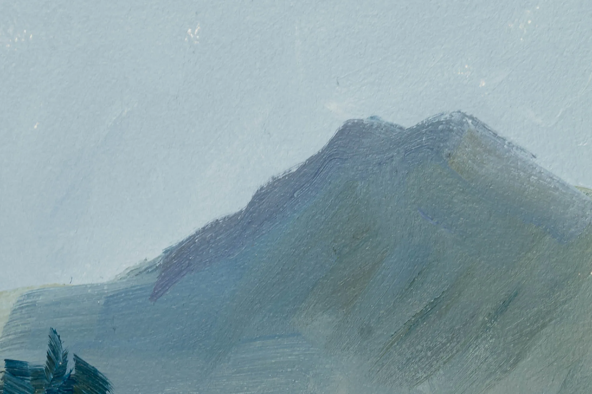 Close-up of Lakeside Tranquility, an original oil on paper painting by Paul Kenton, showing a pale grey-blue sky above a shadowed hillside in soft, visible brushstrokes, with dark teal foliage at the lower left.