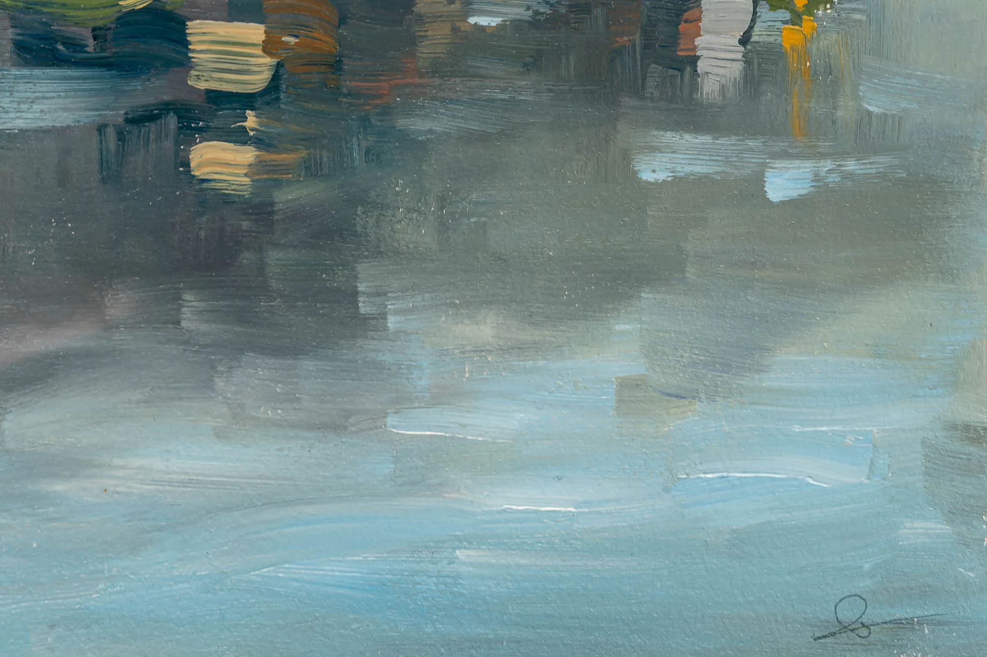 Close-up of Lakeside Tranquility, an original oil on paper painting by Paul Kenton: soft, loose brushstrokes of blue-grey water reflect muted buildings and warm yellow and orange touches above.