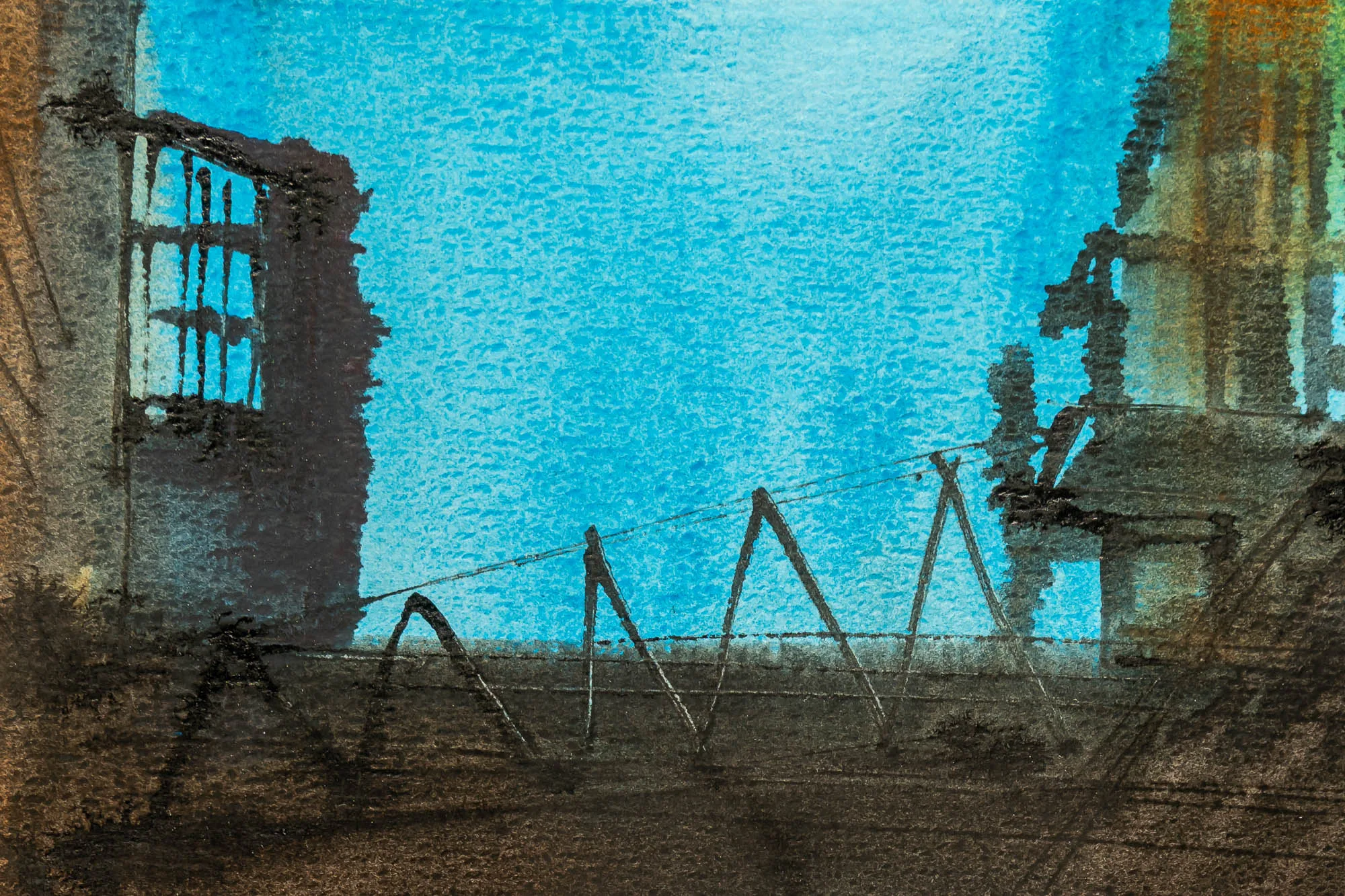 Close-up of Urban Lines, an original painting by Paul Kenton: a bright turquoise sky framed by dark, ink-scratched buildings and a row of angular rooftop lines over warm brown shadows.