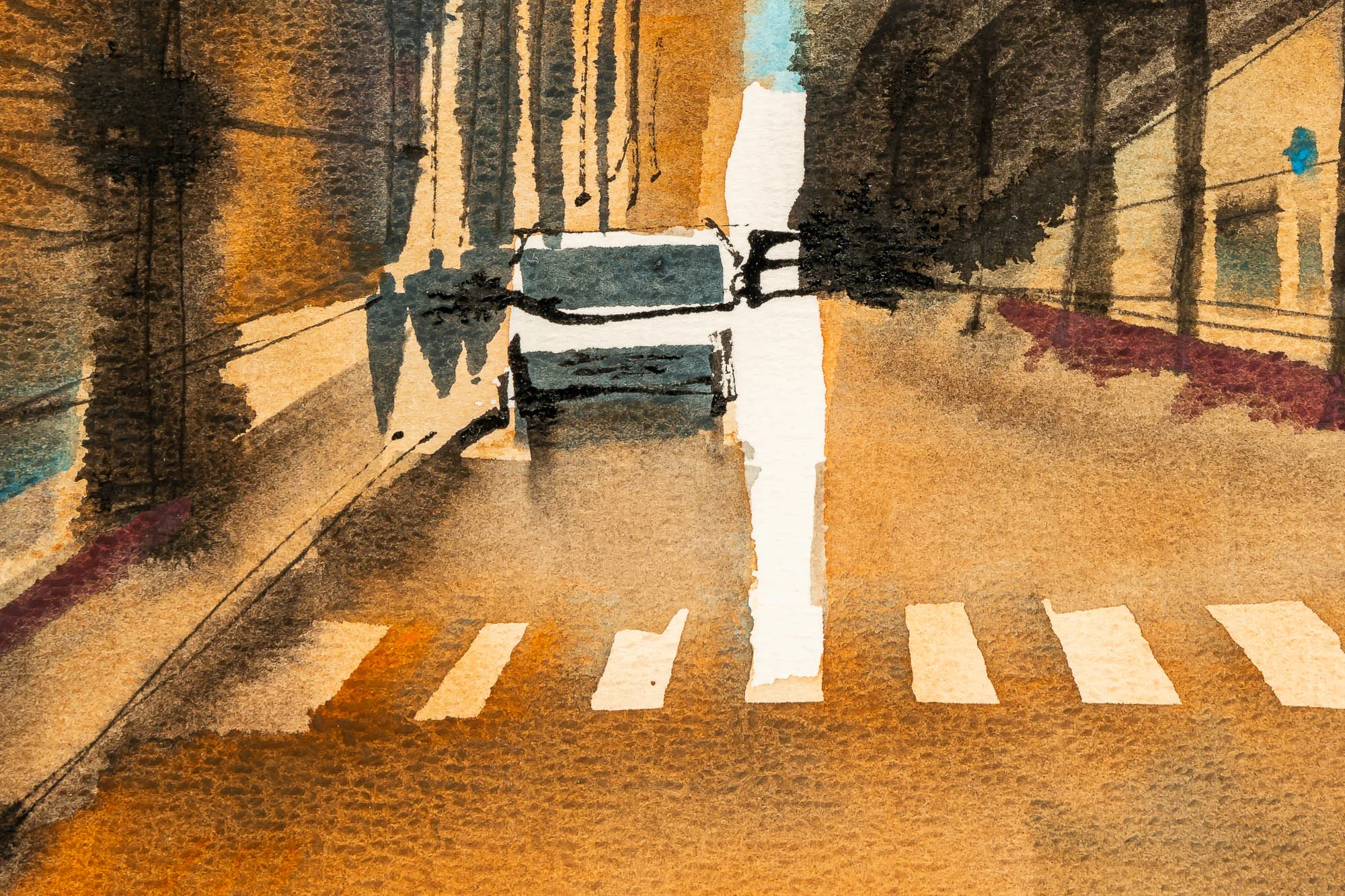 Close-up of Urban Lines, an original painting by Paul Kenton: loose watercolour and ink street scene in ochre and amber, with zebra crossing stripes and a dark parked car.