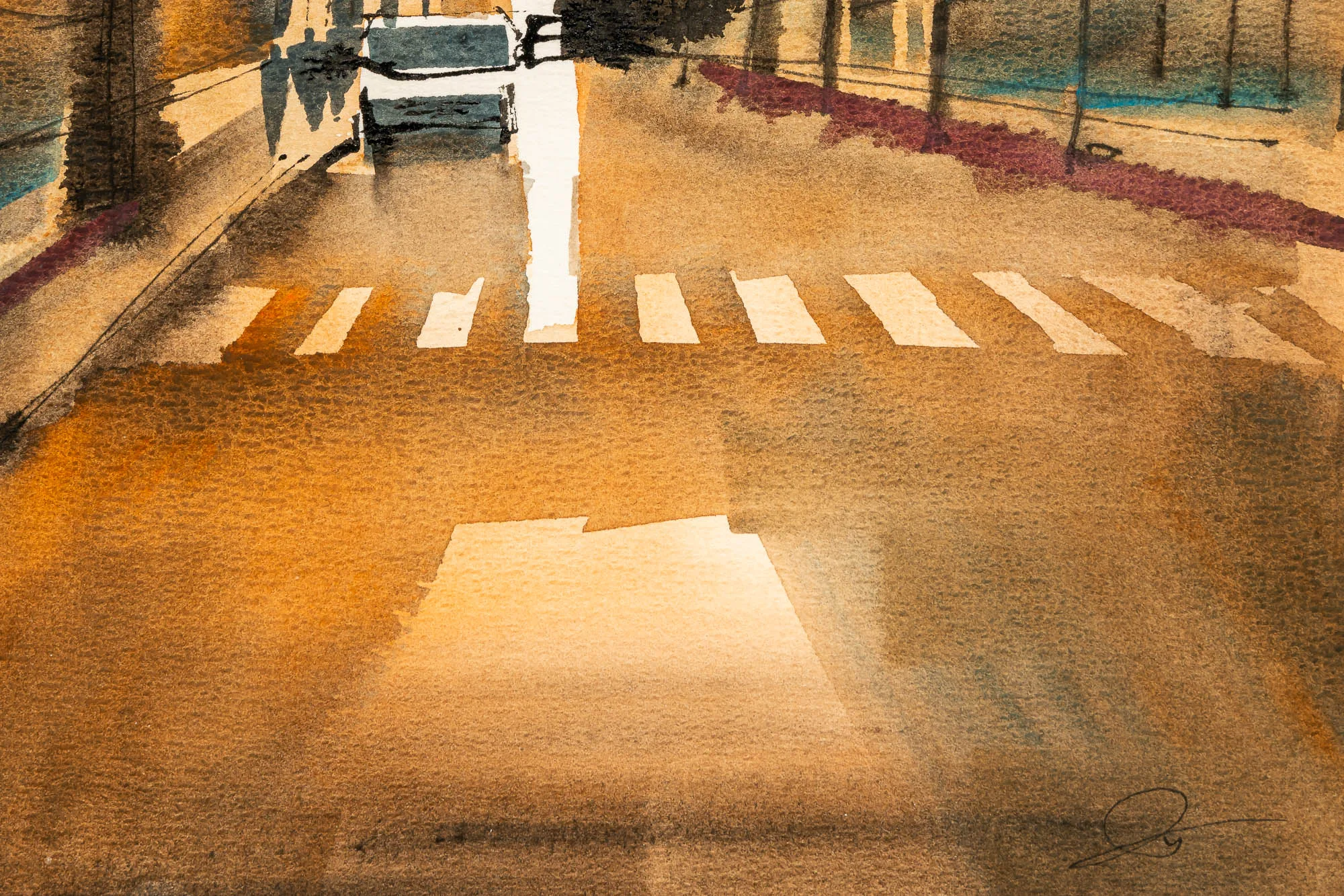 Urban Lines, an original watercolour and ink painting by Paul Kenton: close-up of a sunlit road in warm ochre tones, with white zebra crossing stripes and a pale parked car.