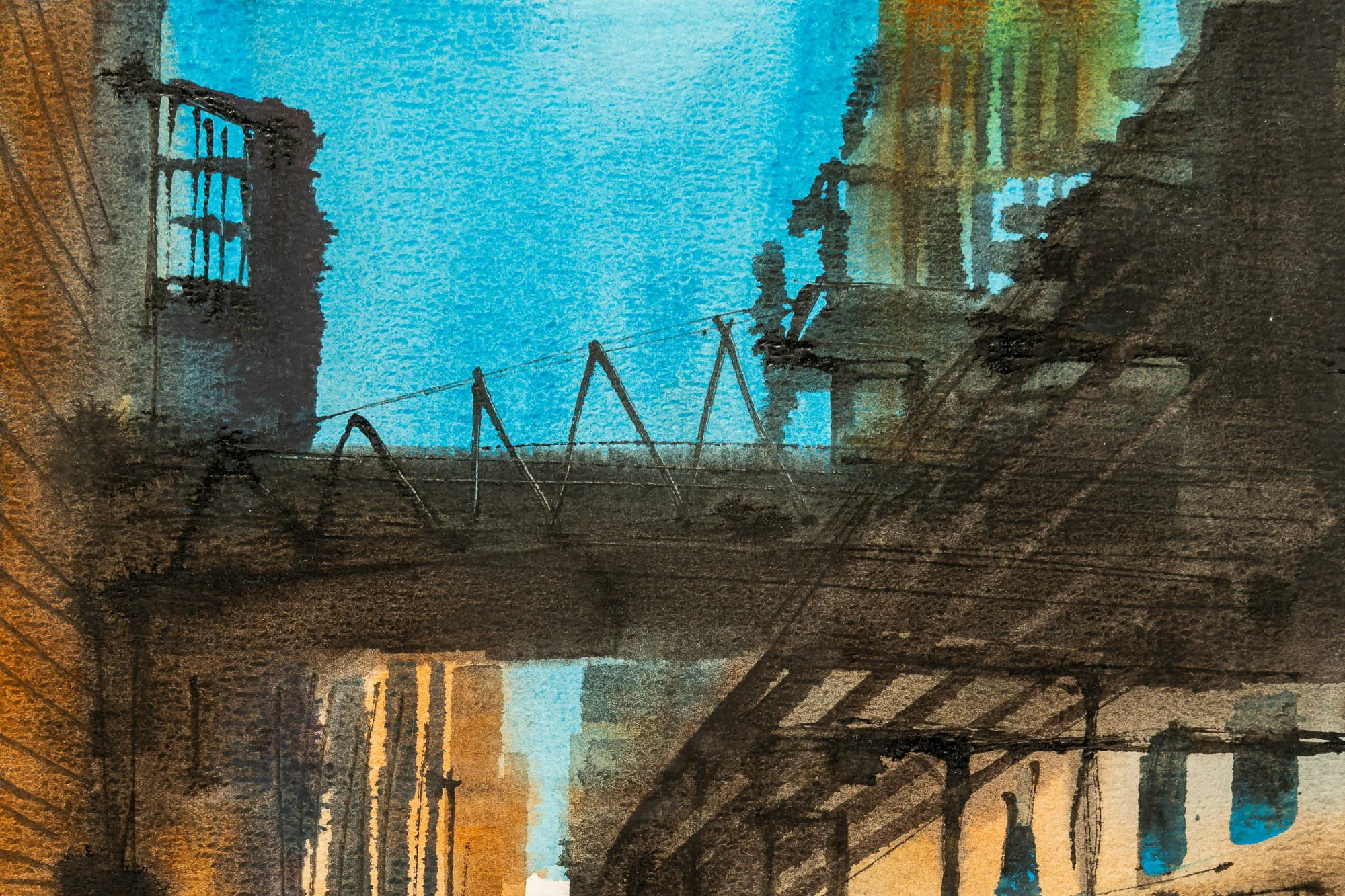 Close-up detail of Urban Lines, an original watercolour and ink painting by Paul Kenton of Chicago: a steel elevated railway crossing a turquoise sky, with dark ink lattice beams, ochre buildings and blue-lit windows below.