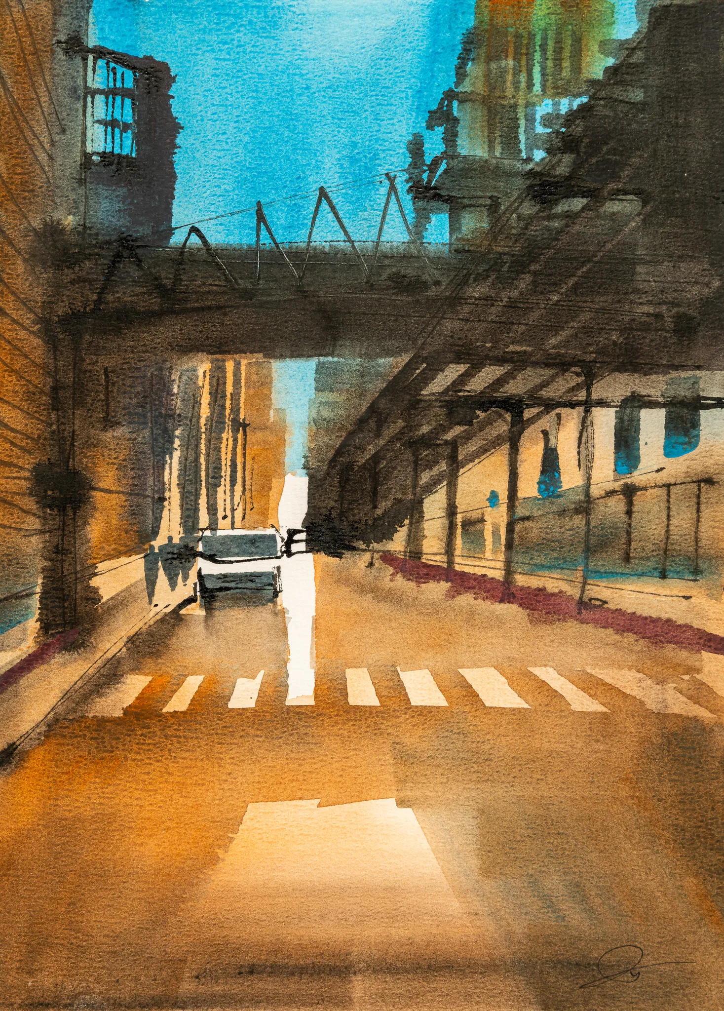 Urban Lines, an original painting by Paul Kenton: a Chicago street under an elevated railway, with a zebra crossing, a pale figure and a parked car, in warm ochre and deep blue watercolour and ink.