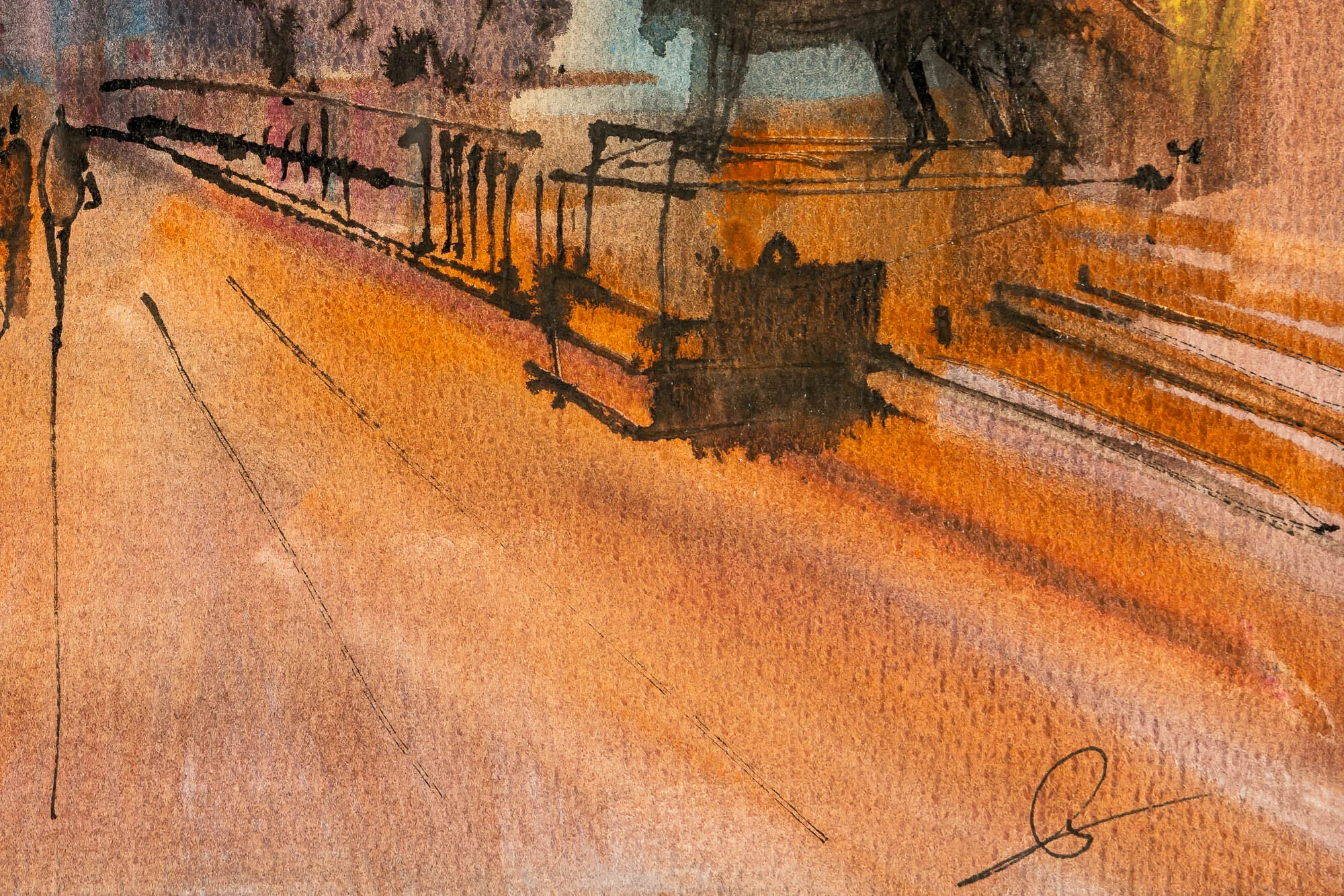 Close-up of Into the Night, an original watercolour and ink painting by Paul Kenton: loose orange washes and dark ink lines suggest a rain-slicked street, a figure and a tram-like shape in warm dusk light.