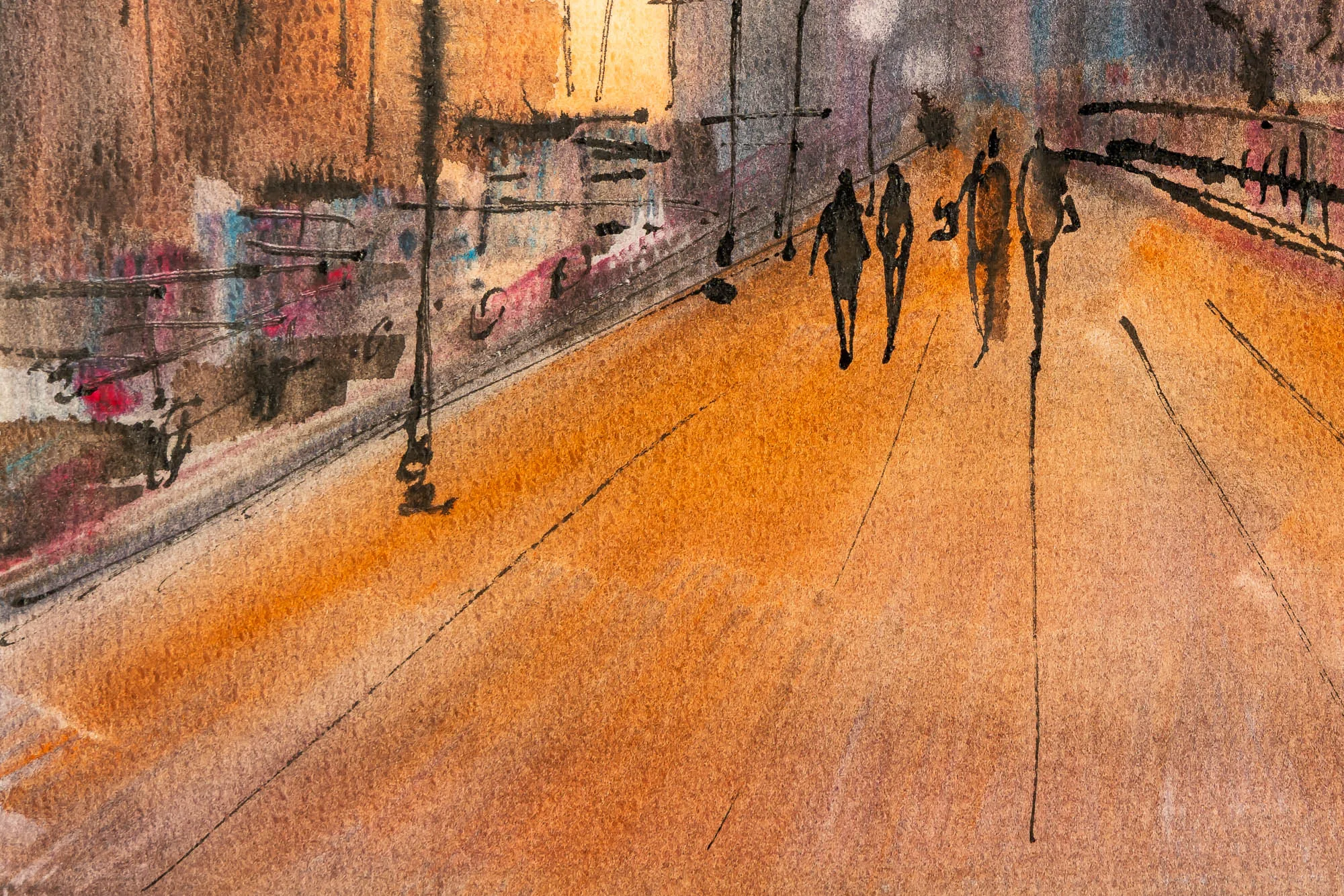 Close-up of Into the Night, an original watercolour and ink painting by Paul Kenton showing loose, textured brushwork: a warm amber street at dusk with a few dark silhouetted figures walking toward the distance, and pink and blue touches on the buildings.
